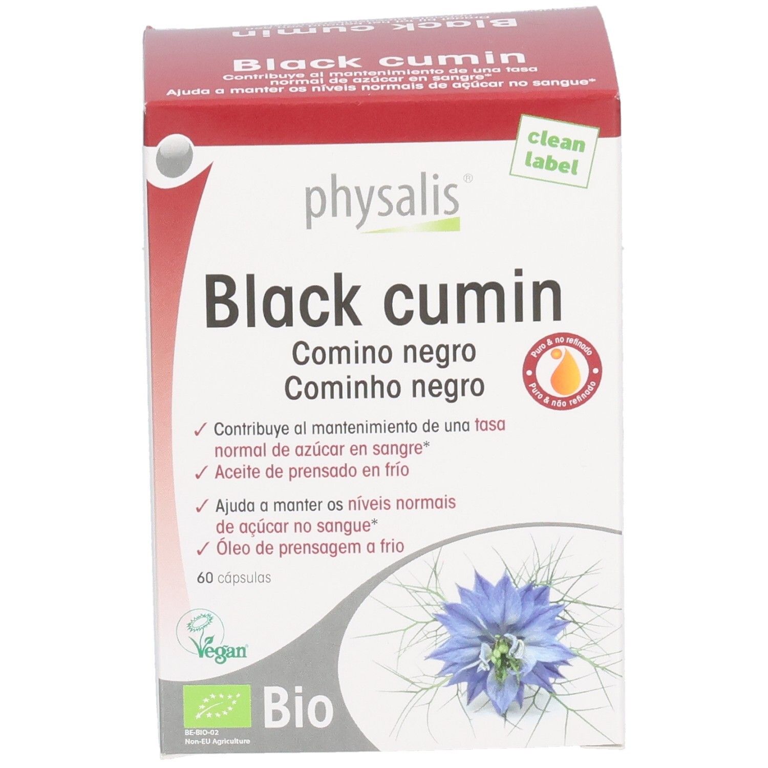 Verpakking Physalis Black Cumin capsules. Bevat 60 capsules. Bio-label en Vegan-logo. Comino negro.