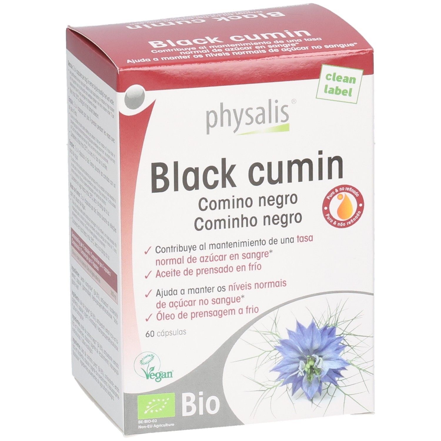 Verpakking Physalis Black Cumin capsules. Bevat 60 capsules. Bio-label en Vegan-logo. Comino negro.