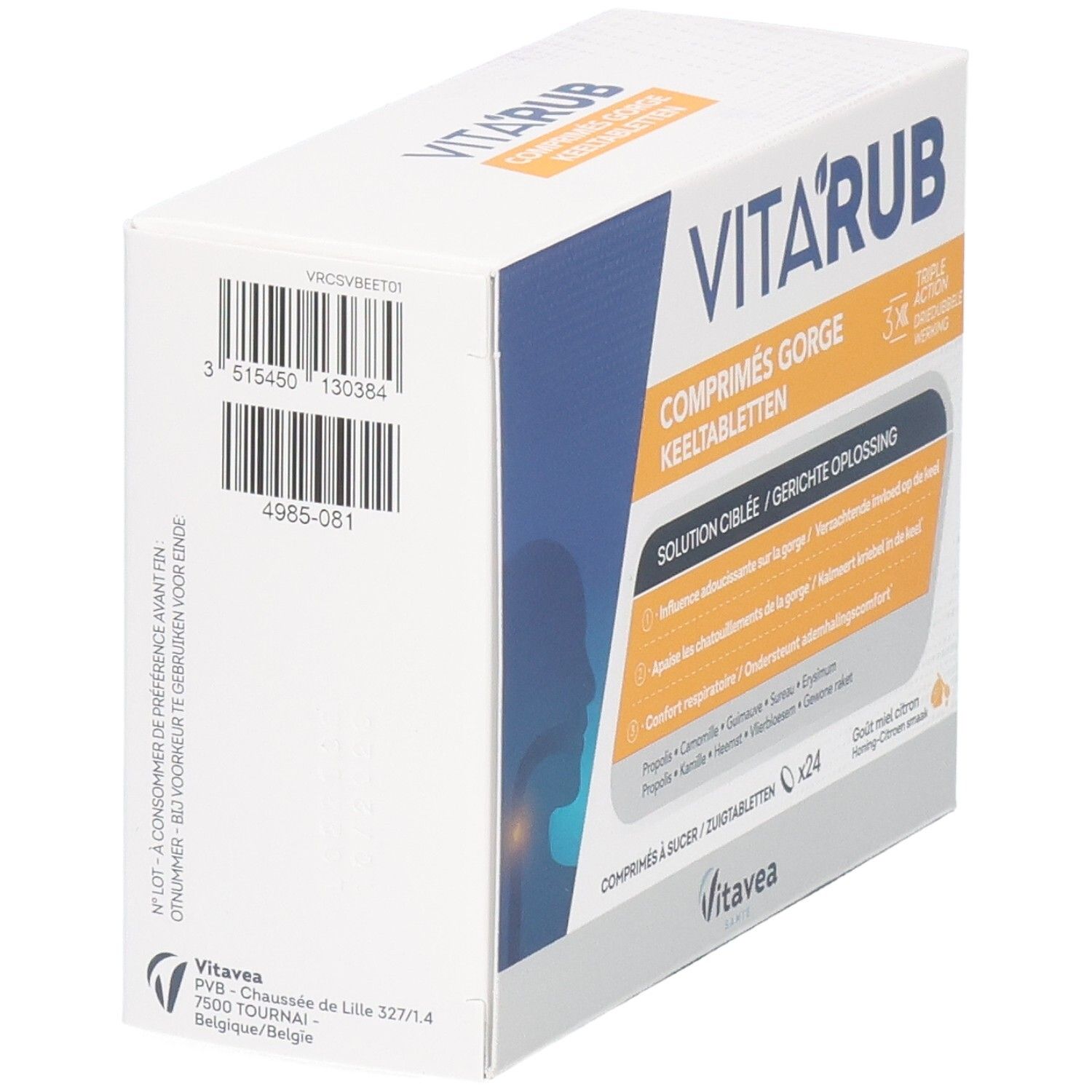 Emballage Vita'rub Maux Gorge. Boîte blanche avec code-barres et informations. Fabriqué en Belgique.