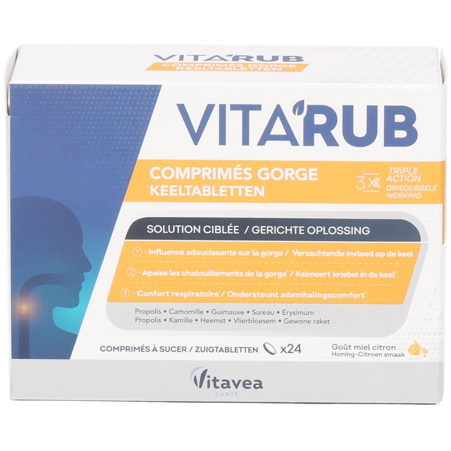 Emballage Vita'rub Maux Gorge. Carton blanc avec nom du produit, informations et illustrations.