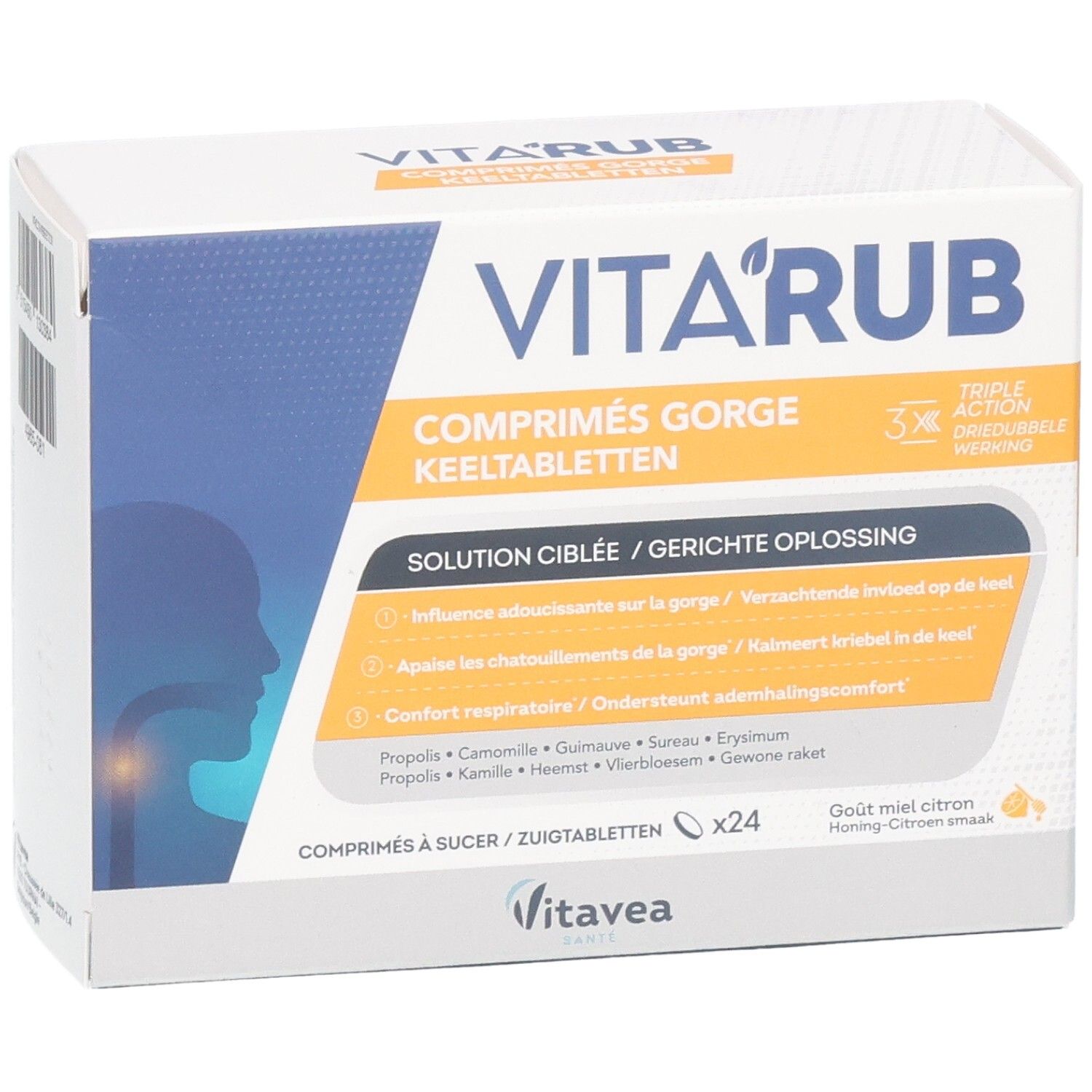 Emballage Vita'rub Maux Gorge. Carton blanc avec nom du produit, informations et illustrations.