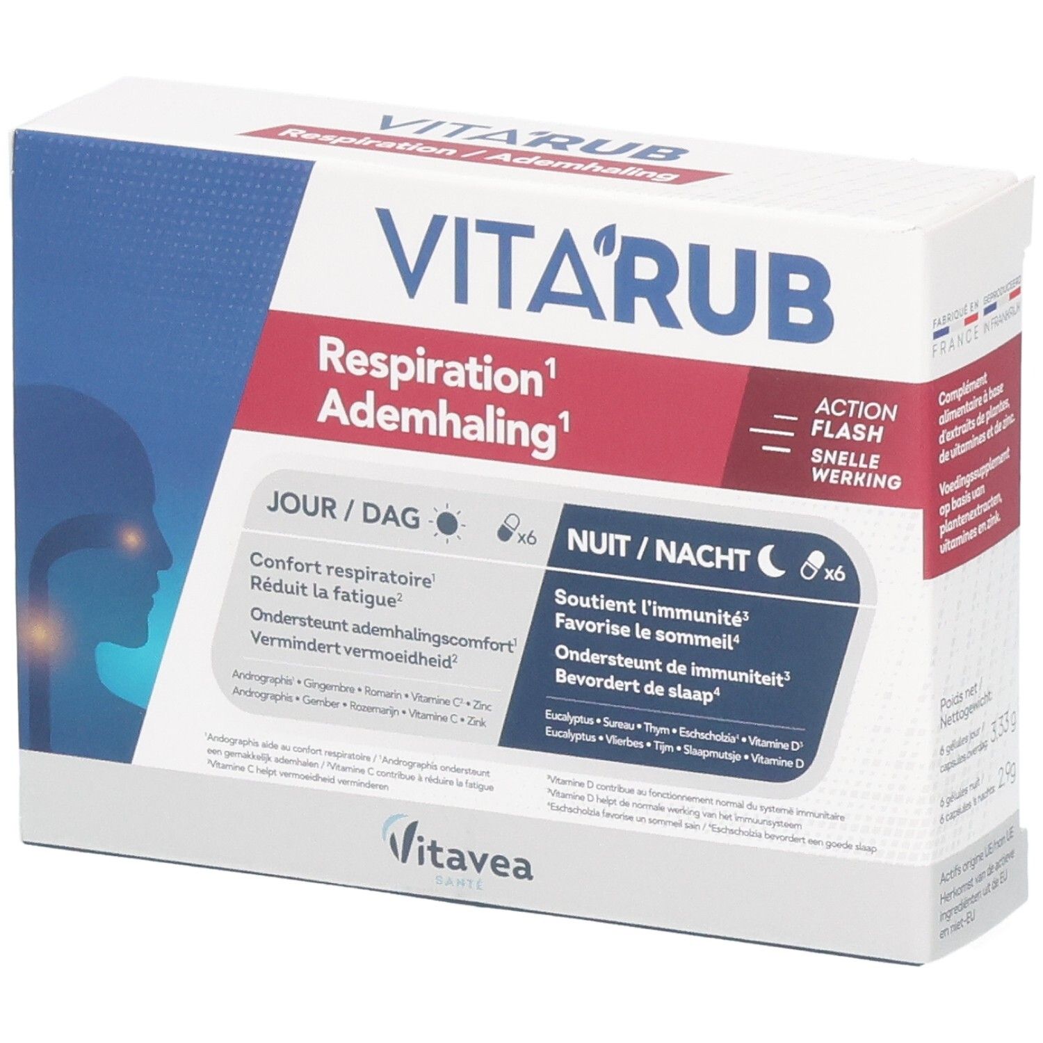 Verpakking van Vita'rub Ademhaling Capsules. Wit en blauw design met naam en logo's. 12 capsules.