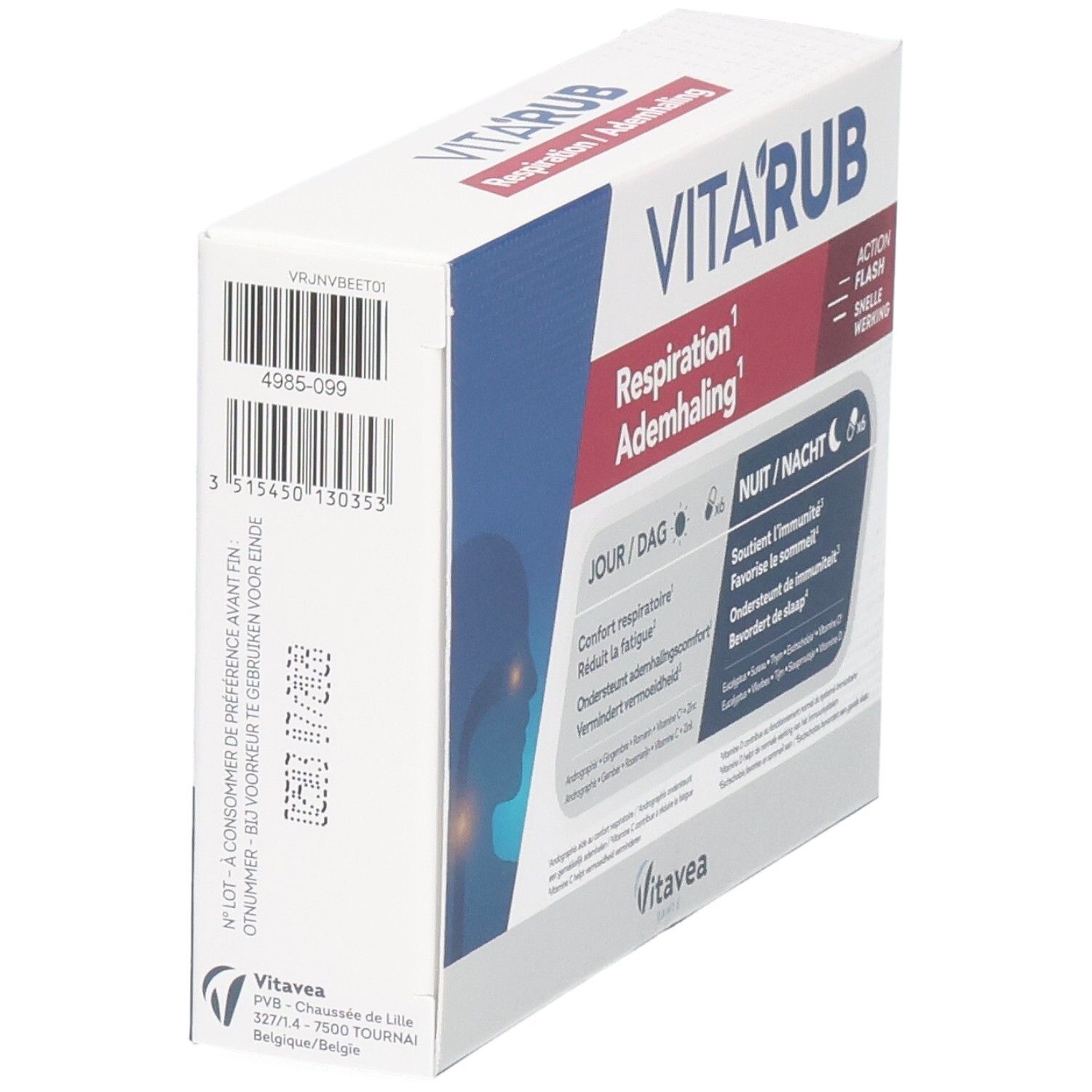 Zijaanzicht van de Vita'rub Ademhaling Capsules verpakking. Wit, blauw, productnaam en barcode. Houdbaarheidsdatum.