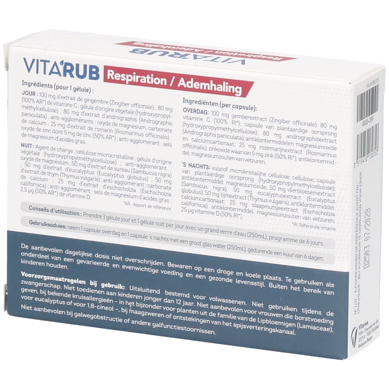 Achterkant van de Vita'rub Ademhaling Capsules verpakking. Tekst met ingrediënten en instructies. Witte achtergrond.