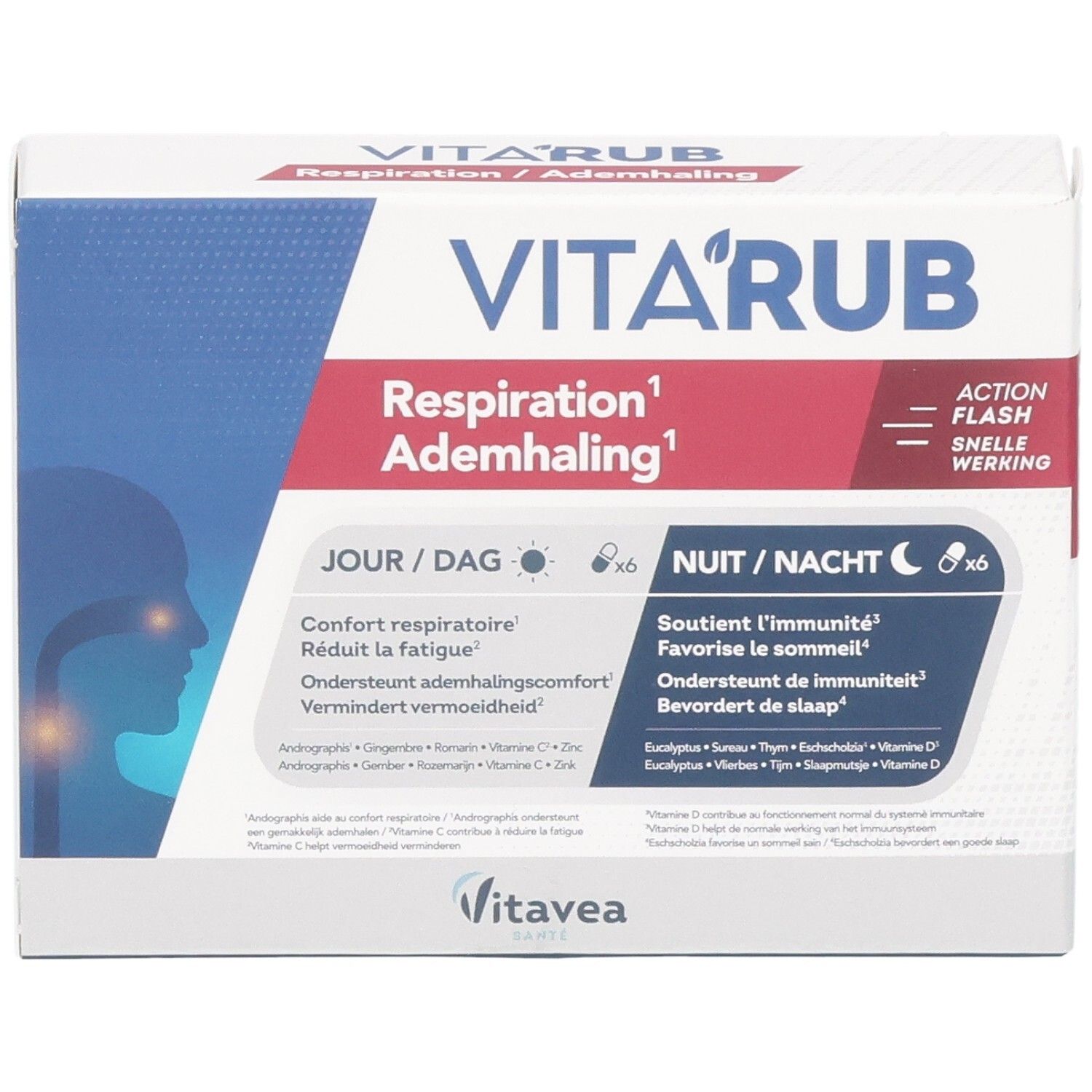 Verpakking Vita'rub Ademhaling Capsules. Wit en blauw design met naam en logo's. 12 capsules.