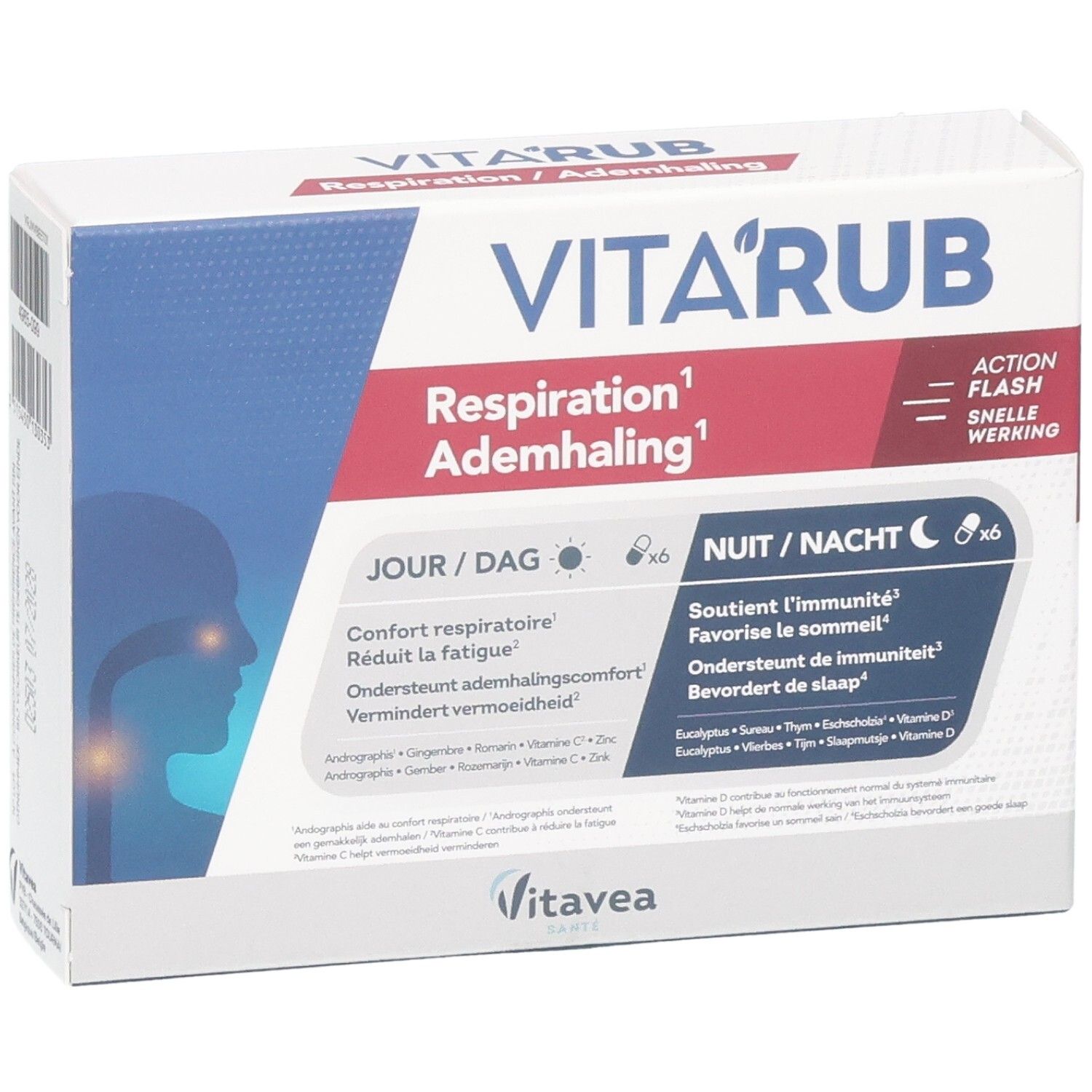 Verpakking Vita'rub Ademhaling Capsules. Wit en blauw design met naam en logo's. 12 capsules.