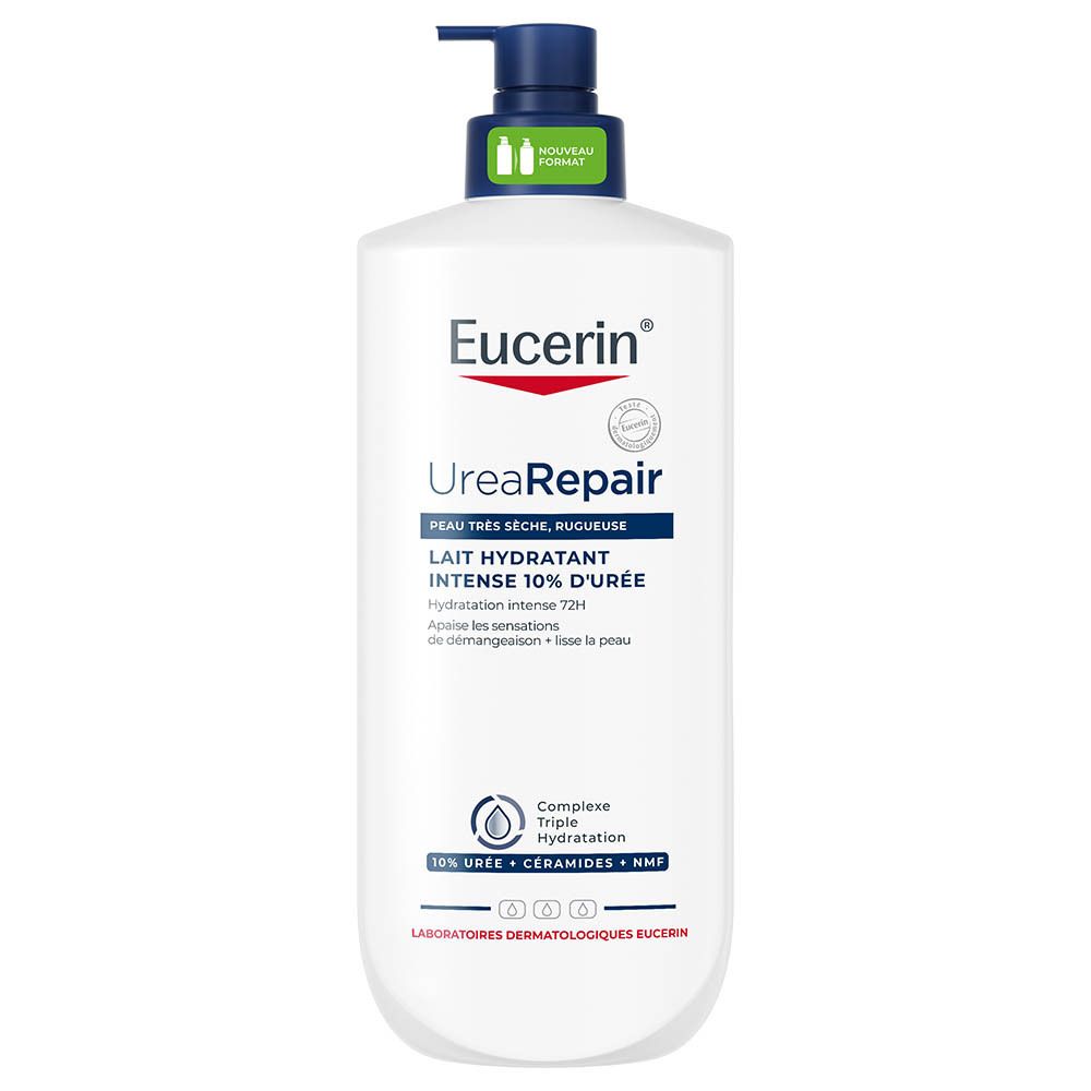 Lotion Eucerin UreaRepair avec 10% d'urée et complexe de céramides dans un flacon pompe blanc.