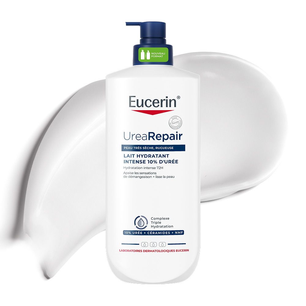 Logo Eucerin au-dessus de structures moléculaires dans des gouttes d'eau. Texte : Avec un Complexe Triple Hydratation.