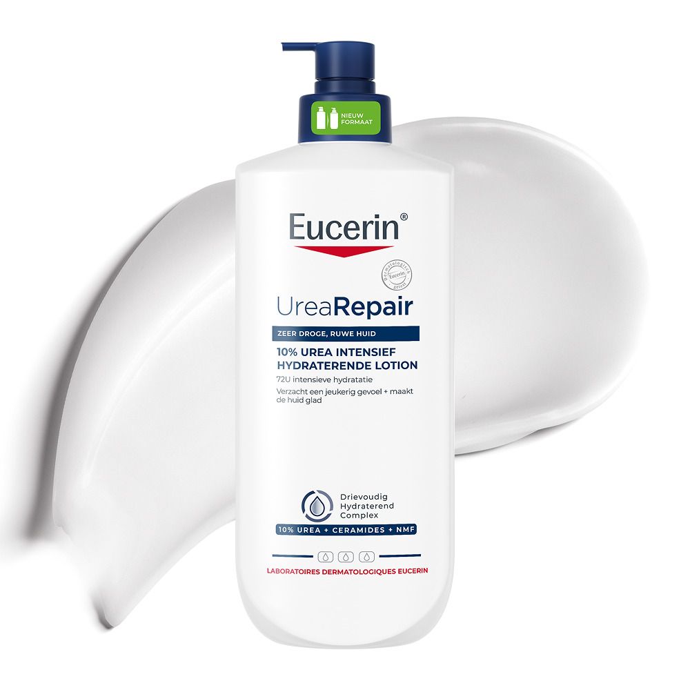 Eucerin UreaRepair lotion met 10% ureum en ceramidecomplex in een witte pompfles.