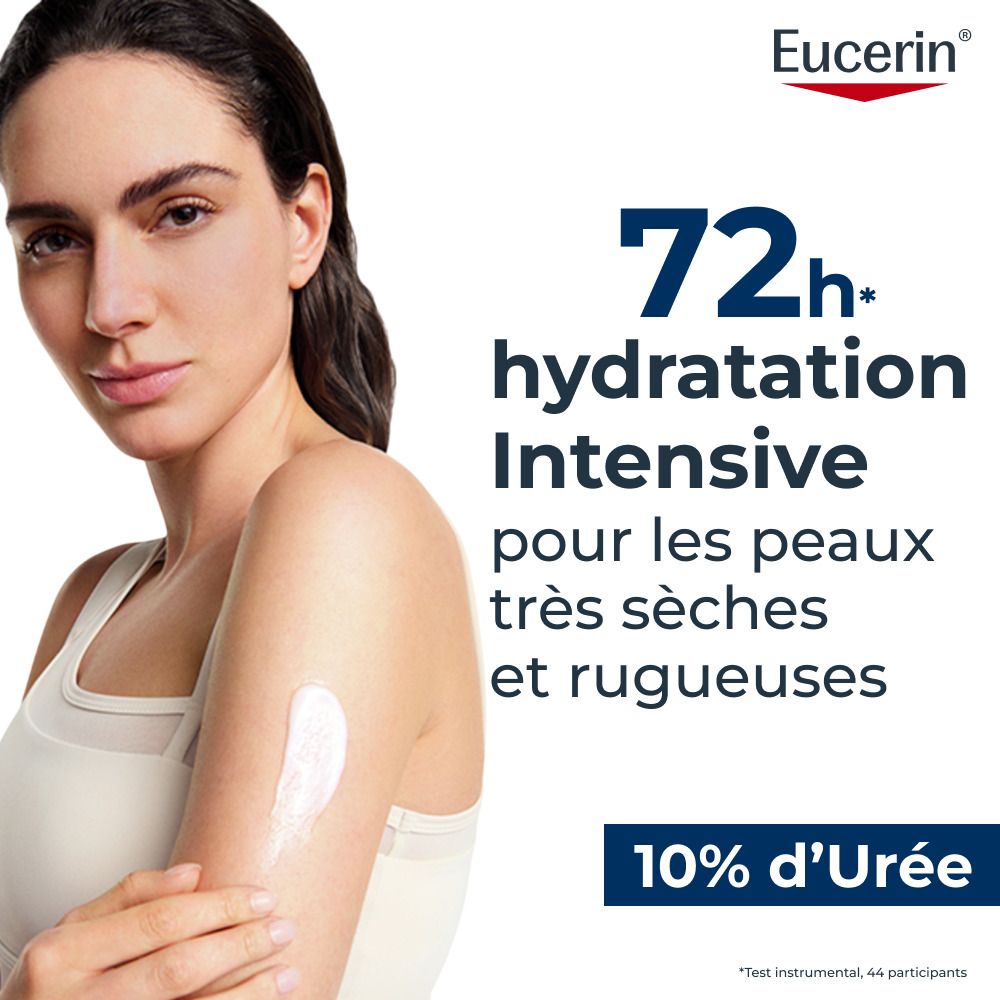 Homme avec peau sèche au bras, logo Eucerin. Texte : Cliniquement prouvé, 7x plus d'hydratation dès la 1ère utilisation.