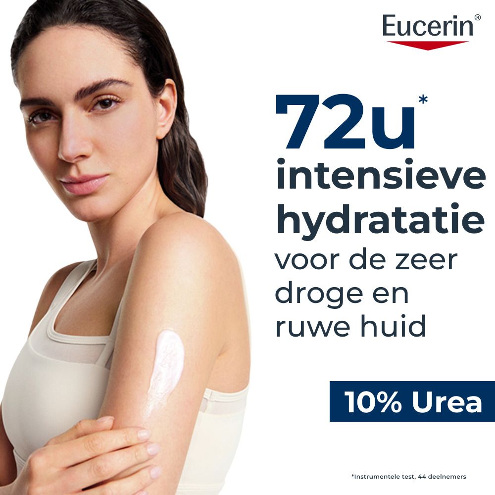 Man met droge huid brengt hydraterende lotion aan. Eucerin-logo en tekst over klinisch bewezen hydratatie.
