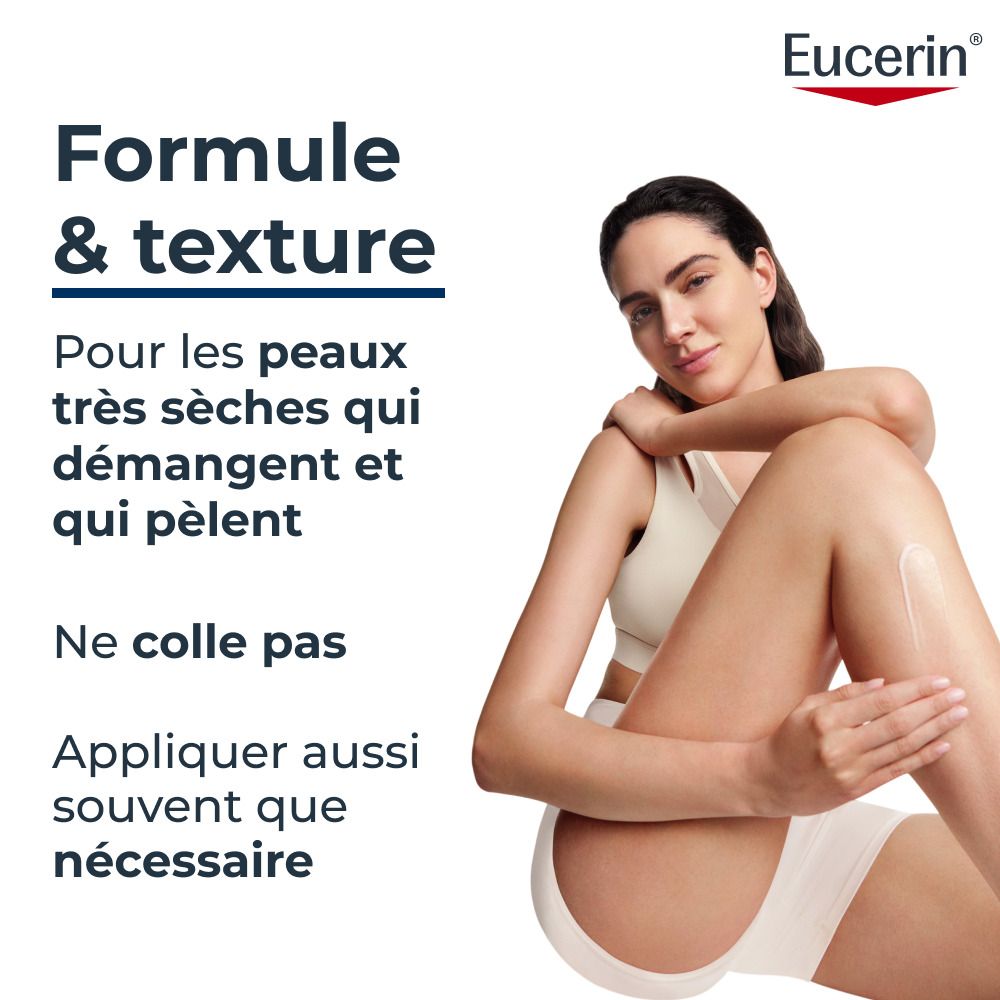 Eucerin : Formule & Texture pour peaux très sèches, irritées et squameuses. Ne colle pas. Appliquer selon les besoins.