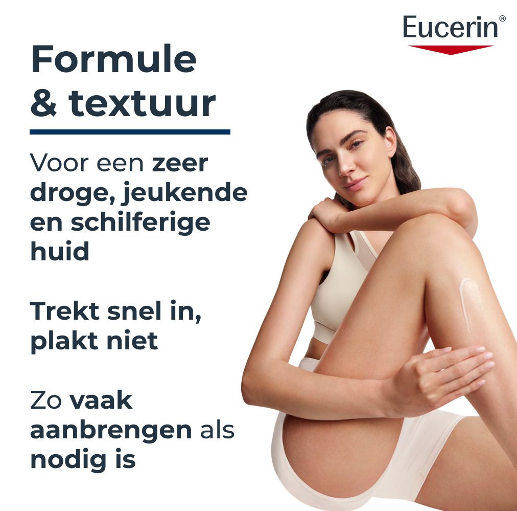 Vrouw met droge huid brengt lotion aan. Eucerin logo rechtsboven.