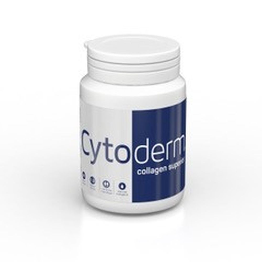 Flacon blanc avec étiquette bleue. Inscription: Cytoderm collagen supérieur. 60 gélules. 1:2 par jour.