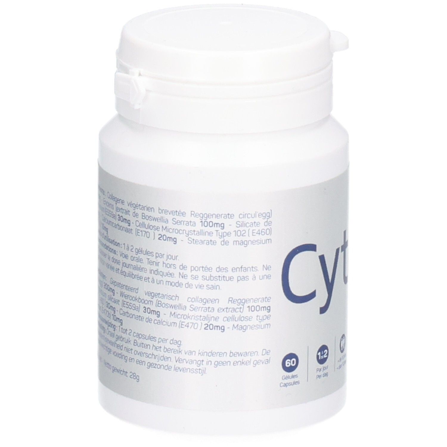 Witte fles met informatie. Opschrift: Cytoderm. 60 capsules. 1:2 per dag. Voor kinderen +12 jaar.