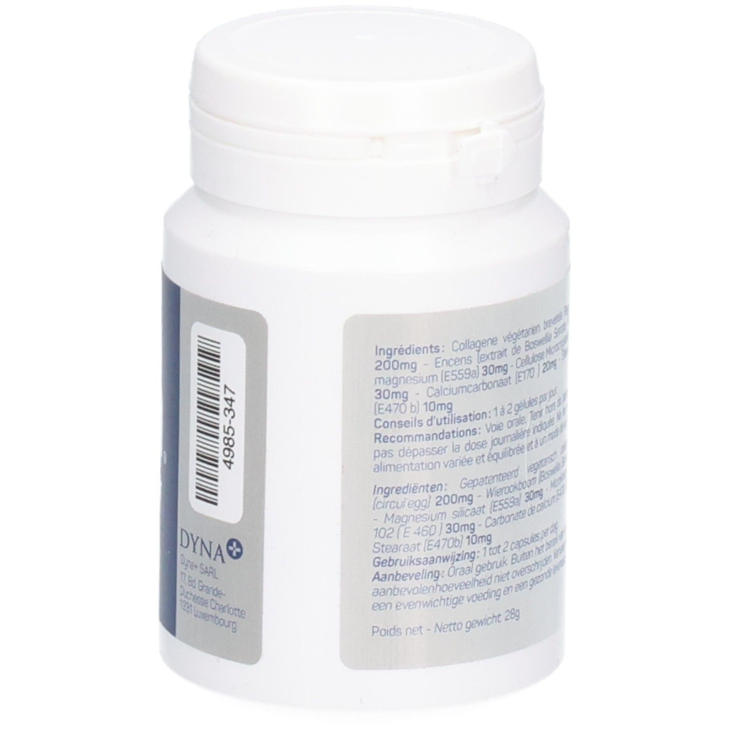 Witte fles met informatie. Opschrift: Cytoderm. 60 capsules. 1:2 per dag. Voor kinderen +12 jaar.