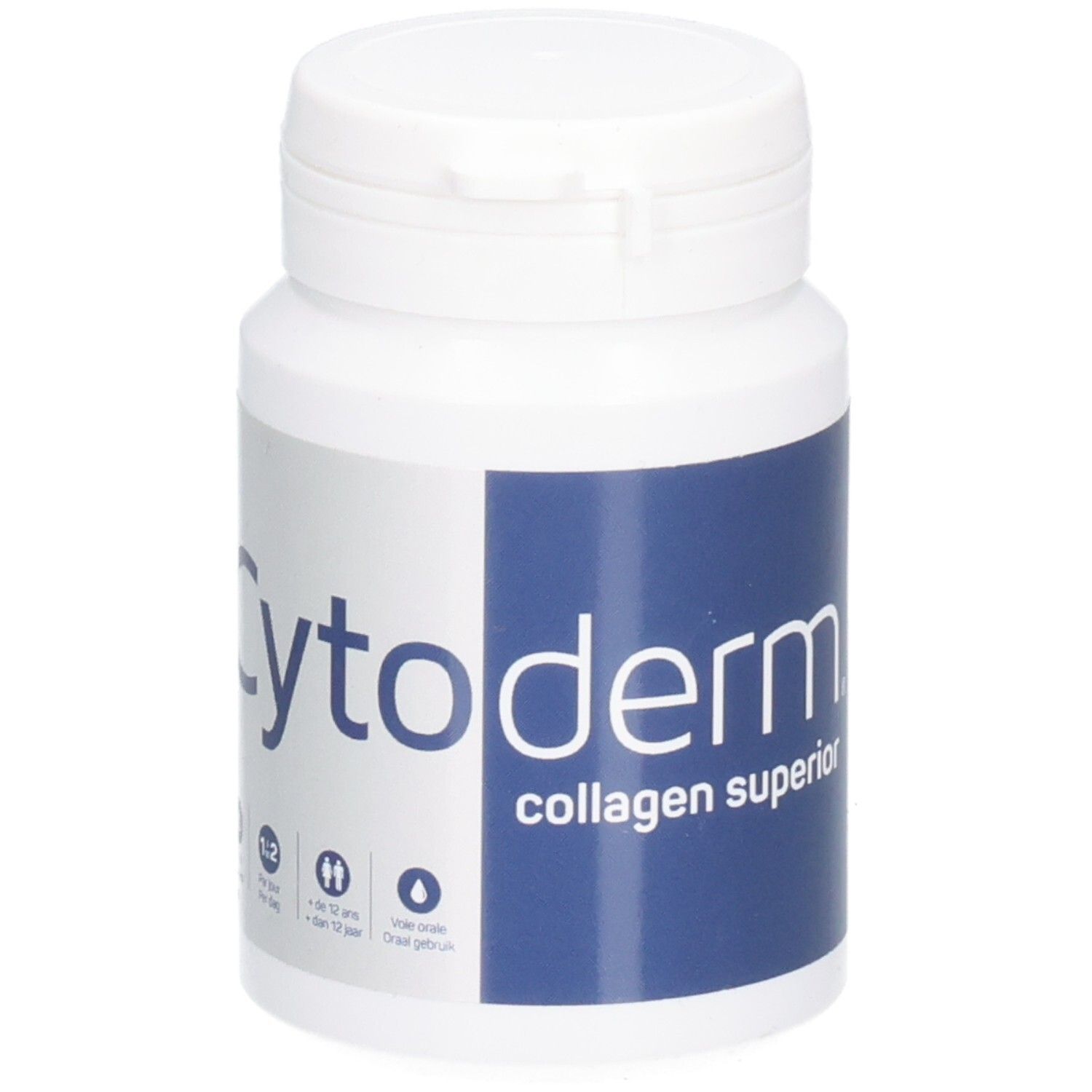 Witte fles met blauw etiket. Opschrift: Cytoderm collagen supérieur. 60 capsules. 1:2 per dag.