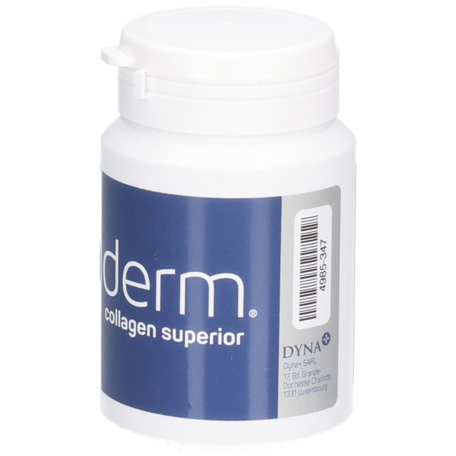 Witte fles met blauw etiket. Opschrift: Cytoderm collagen supérieur. Dyna SARL.
