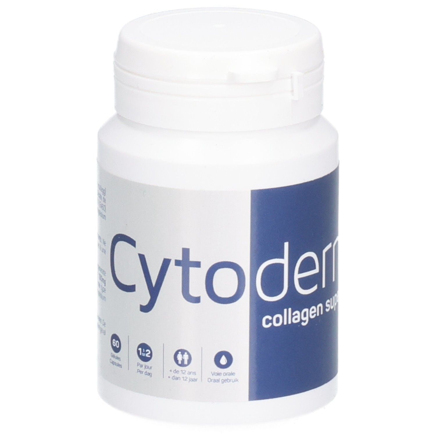 Witte fles met blauw etiket. Opschrift: Cytoderm collagen supérieur. 60 capsules. 1:2 per dag.