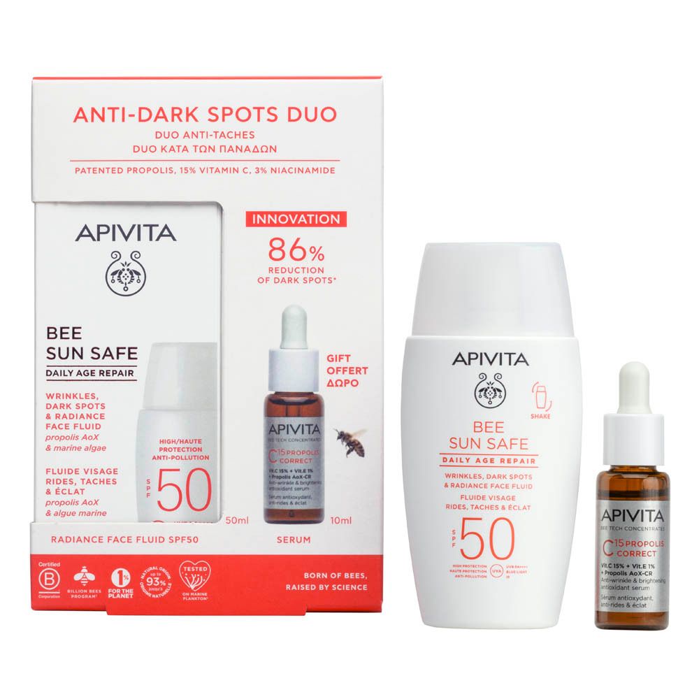 Apivita Anti-Dark Spots Duo. Bevat serum, dagcrème en serum. Opschriften: Bee Sun Safe, SPF 50, 86% vermindering donkere vlekken.