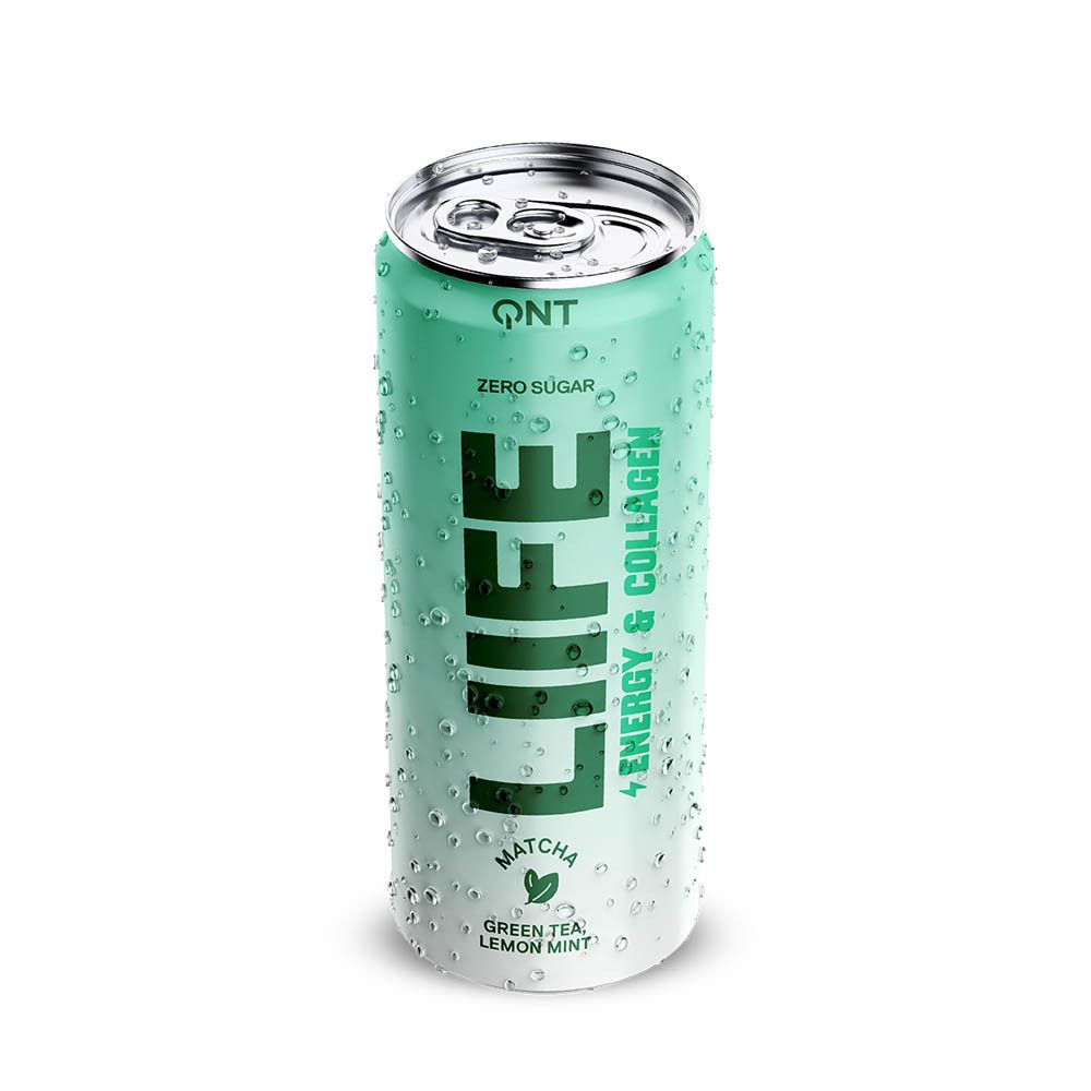 Canette QNT LIFE Energy & Collagen avec gouttes d'eau. Canette verte et blanche avec LIFE, Matcha, thé vert, citron, menthe.