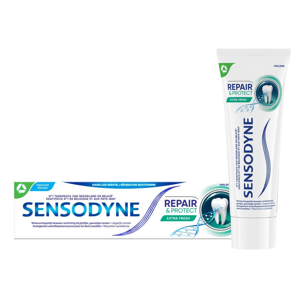 Tube et emballage de dentifrice. Sensodyne Repair & Protect Extra Fresh. Design blanc et bleu.