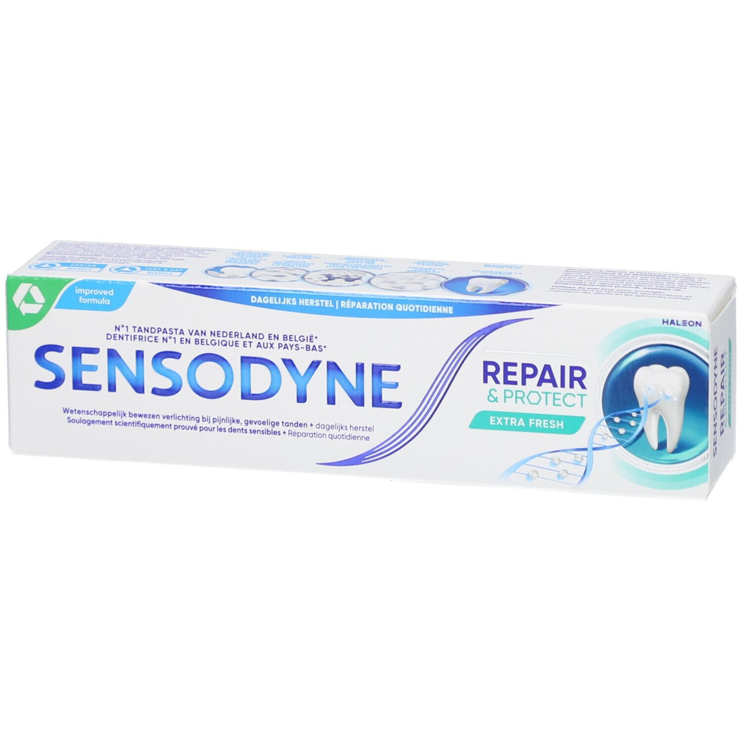 Emballage de dentifrice Sensodyne Repair & Protect Extra Fresh. Texte en plusieurs langues. Emballage blanc et vert.