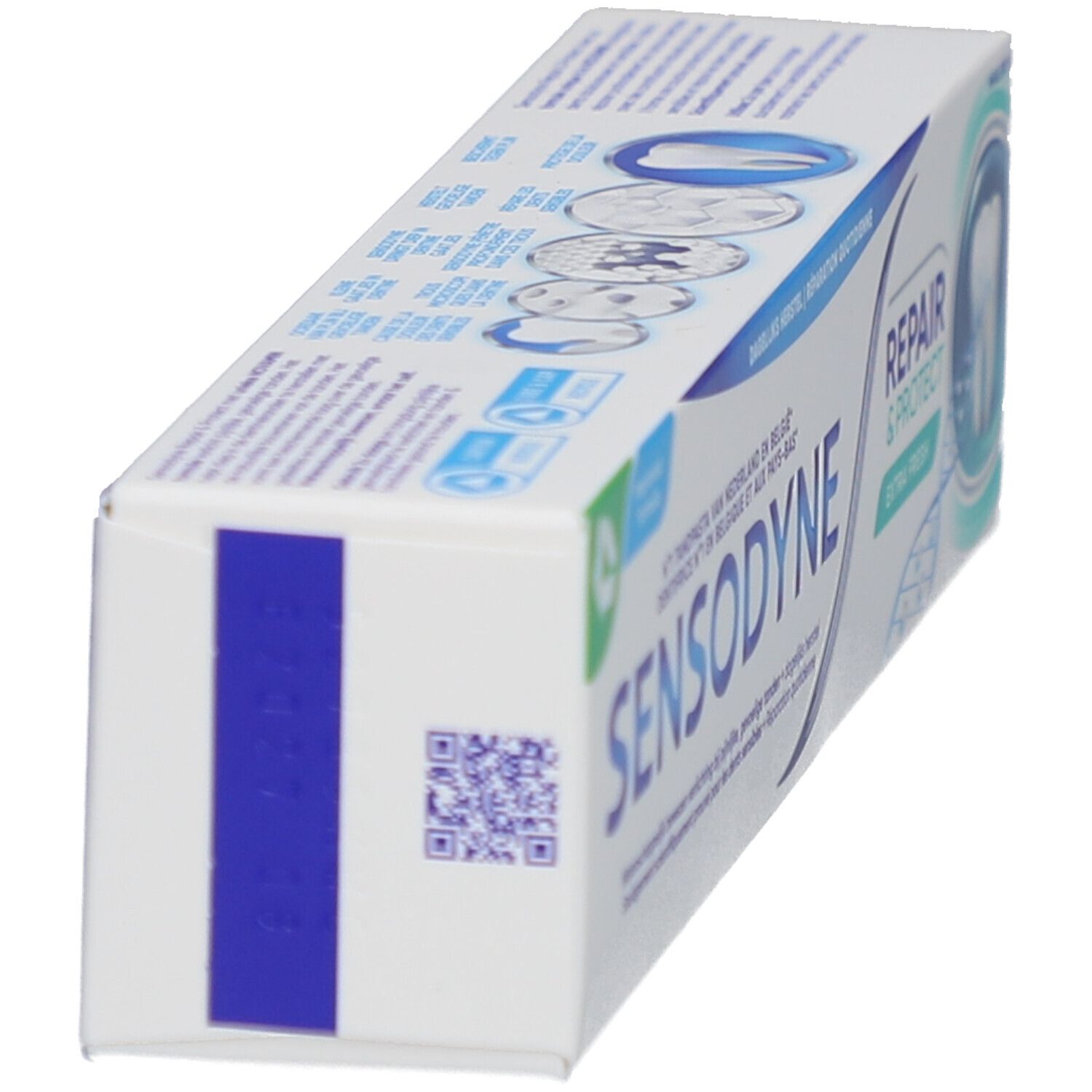 Vue latérale de l'emballage du dentifrice. Logo Sensodyne et code QR. Marque bleue. Boîte blanche.