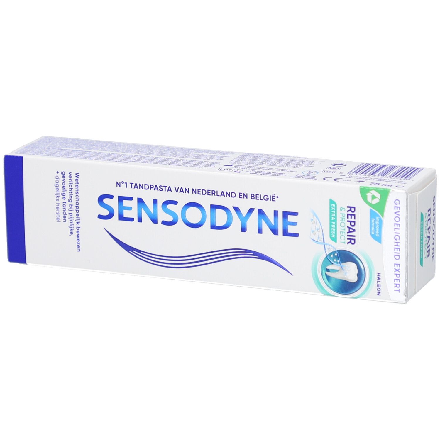 Emballage de dentifrice Sensodyne Repair & Protect Extra Fresh. Texte en plusieurs langues. Boîte blanche.