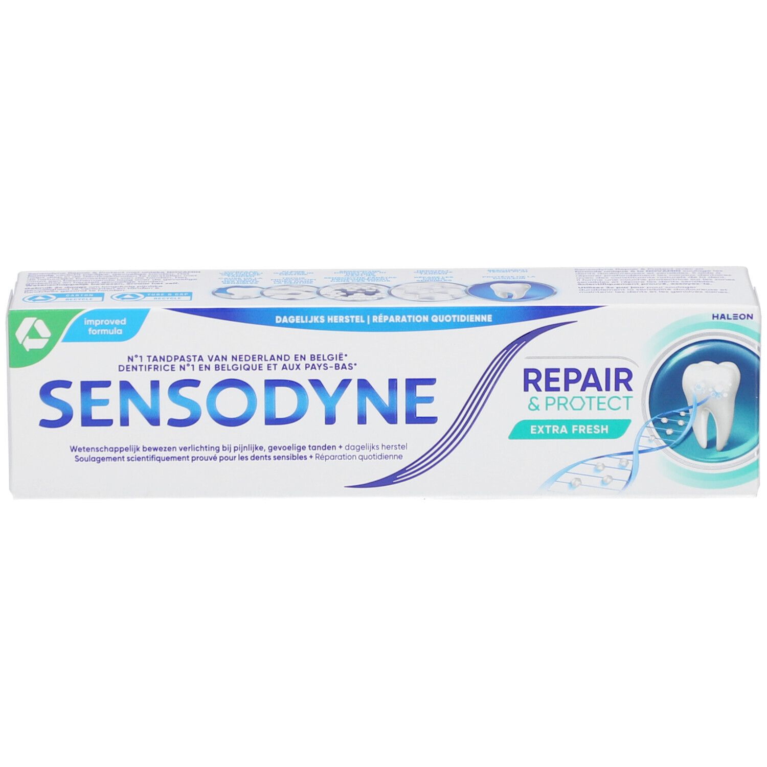 Emballage de dentifrice Sensodyne Repair & Protect Extra Fresh. Texte en plusieurs langues. Emballage blanc et vert.