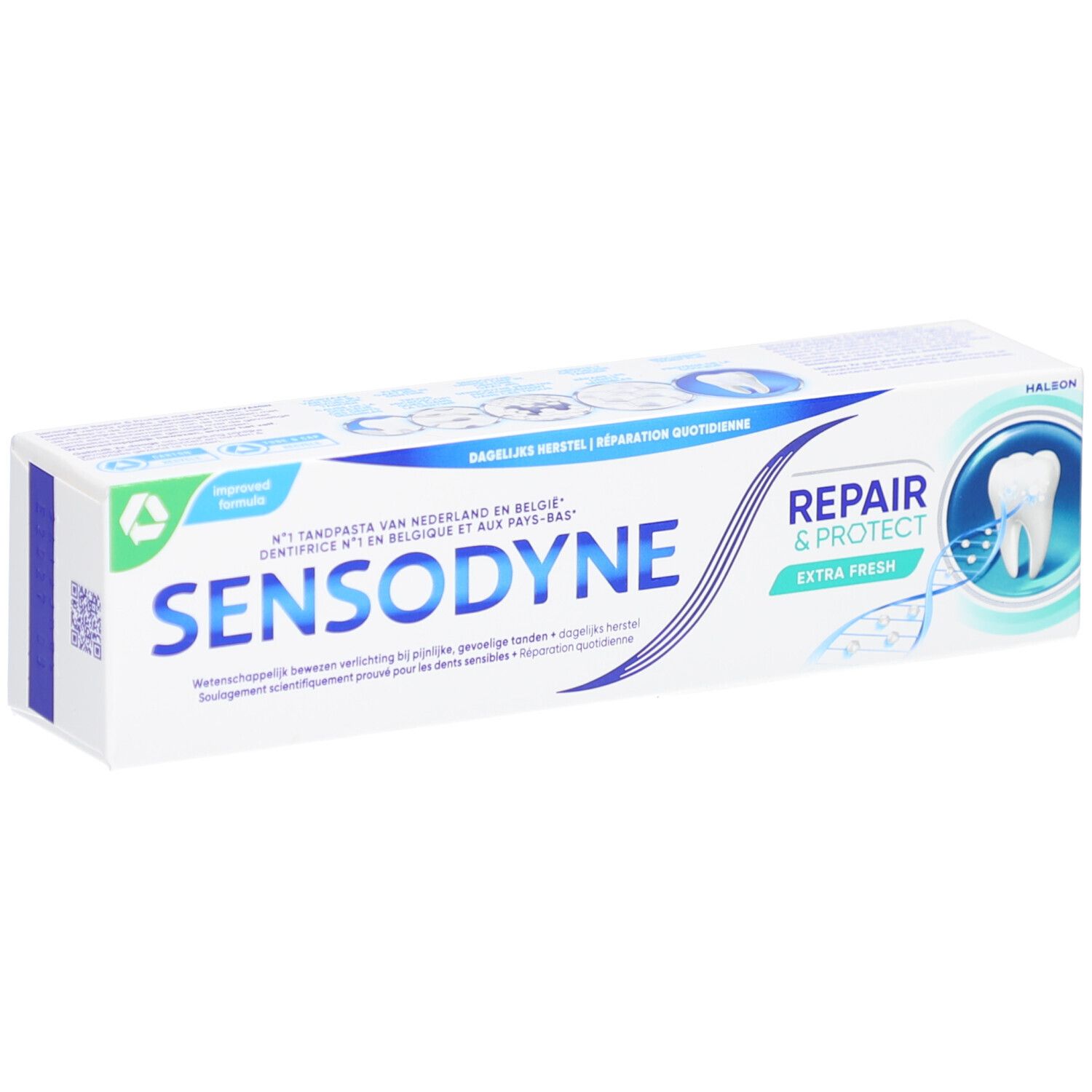 Emballage de dentifrice Sensodyne Repair & Protect Extra Fresh. Texte en plusieurs langues. Emballage blanc et vert.