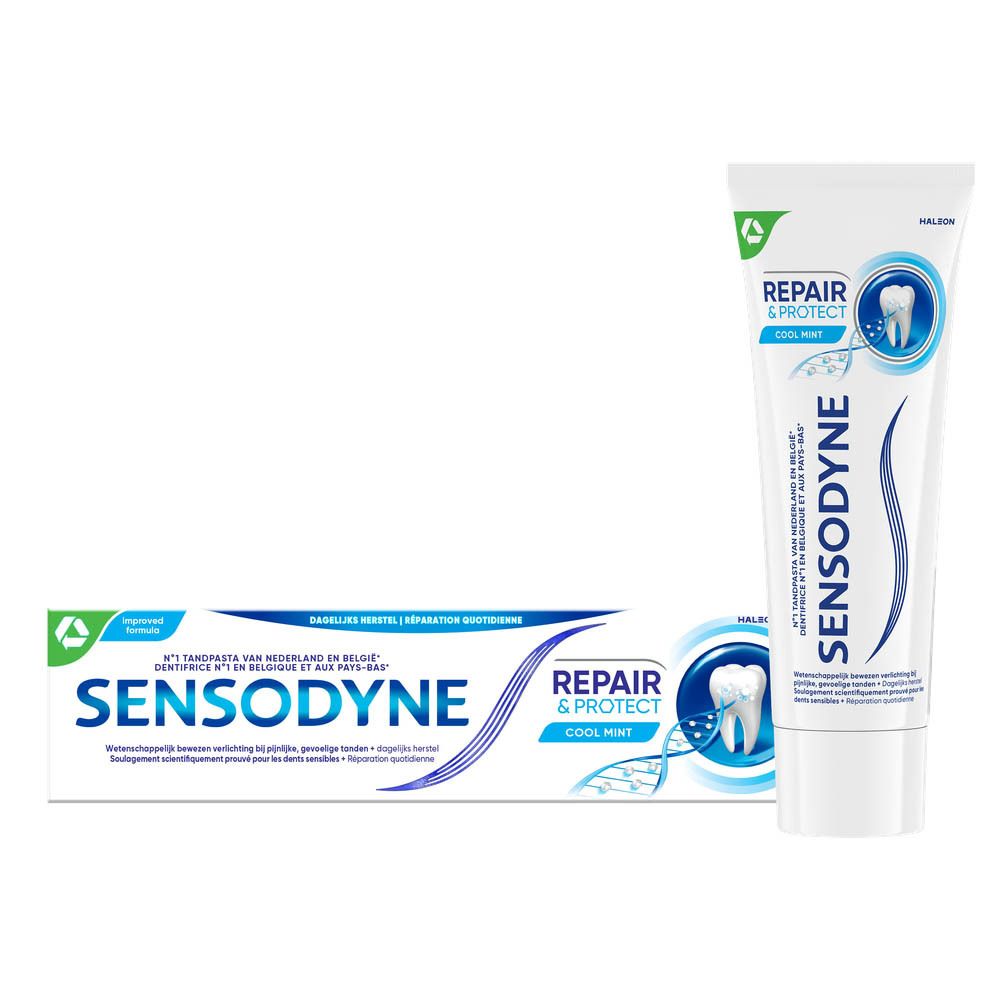 Tandpasta tube en verpakking. Sensodyne Repair & Protect Cool Mint. Wit en blauw design. Tekst en logo zichtbaar.