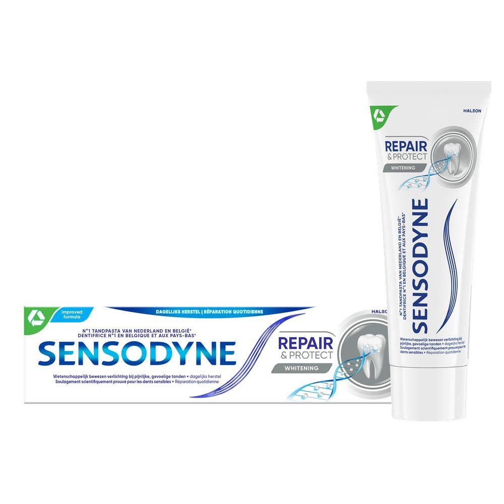 Tandpasta tube en doos. Sensodyne Repair & Protect Whitening. Wit, blauw. Tekst: Repair, Whitening.