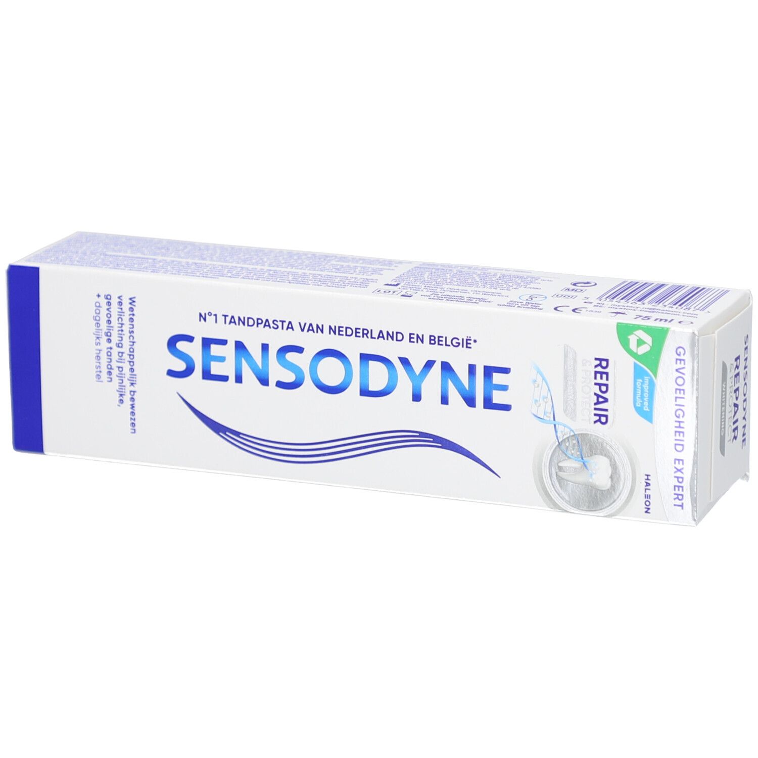 Tandpasta verpakking Sensodyne. Wit, blauw. Tekst: Repair, voor gevoelige tanden. Groen en blauw.