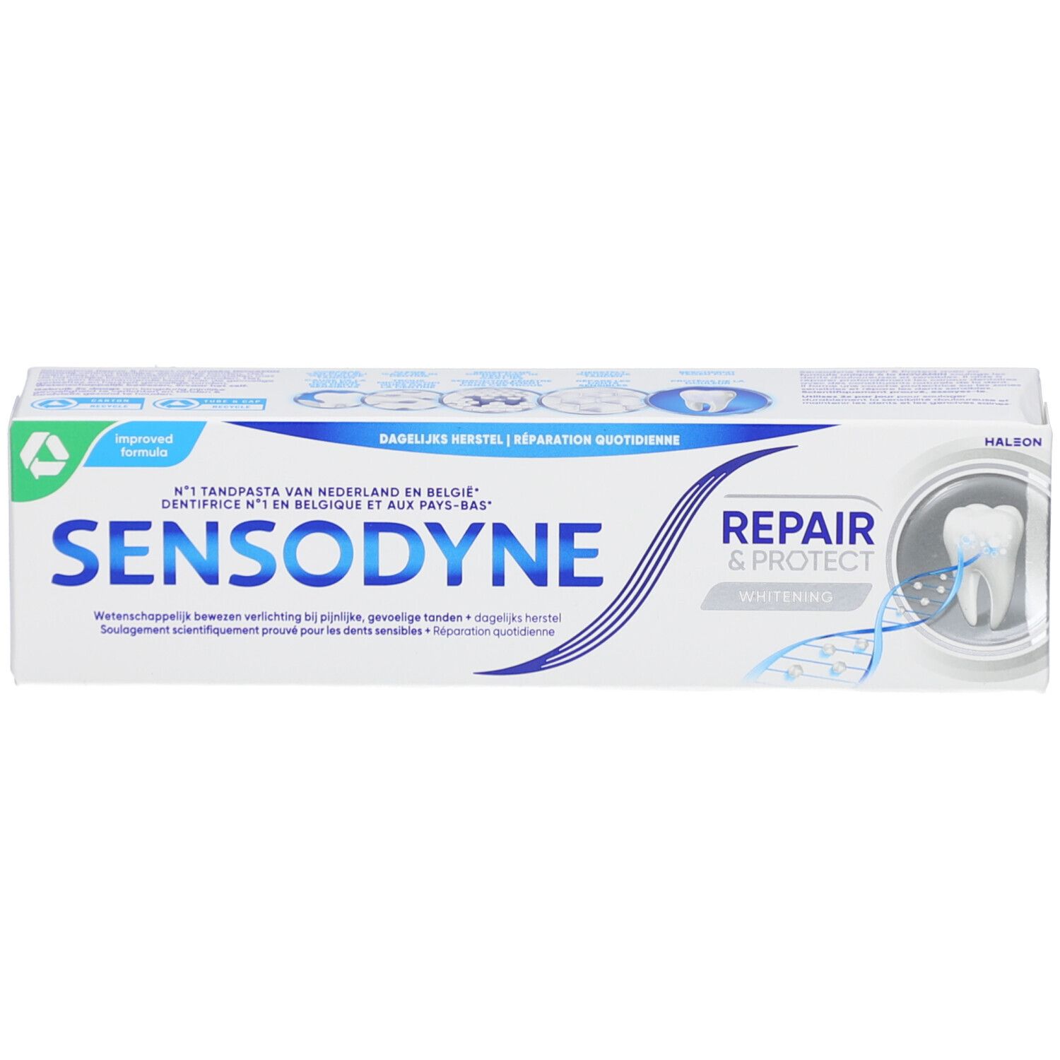 Tandpasta verpakking Sensodyne Repair & Protect Whitening. Wit, blauw en groen. Tekst.