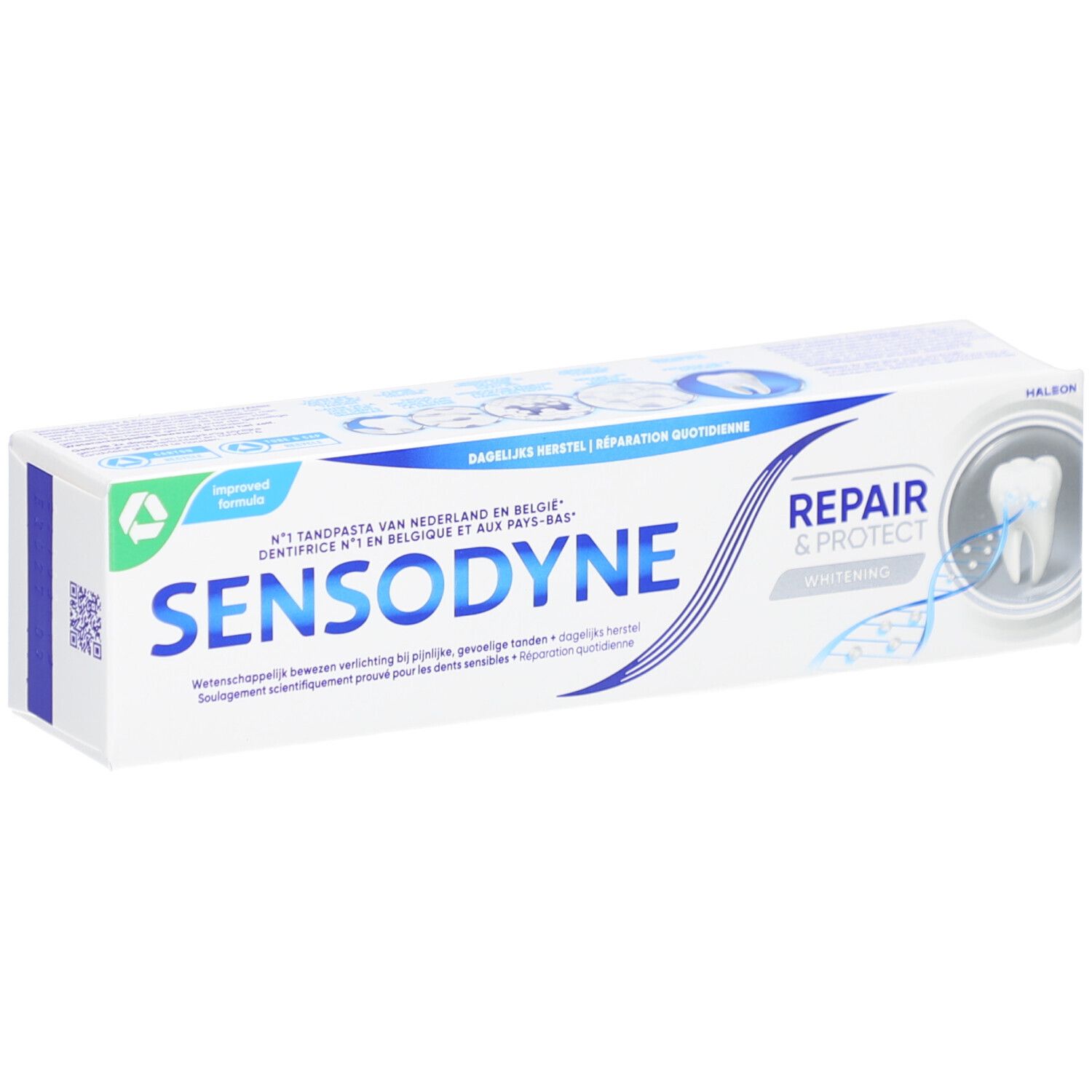 Tandpasta verpakking Sensodyne Repair & Protect Whitening. Wit, blauw en groen. Tekst.
