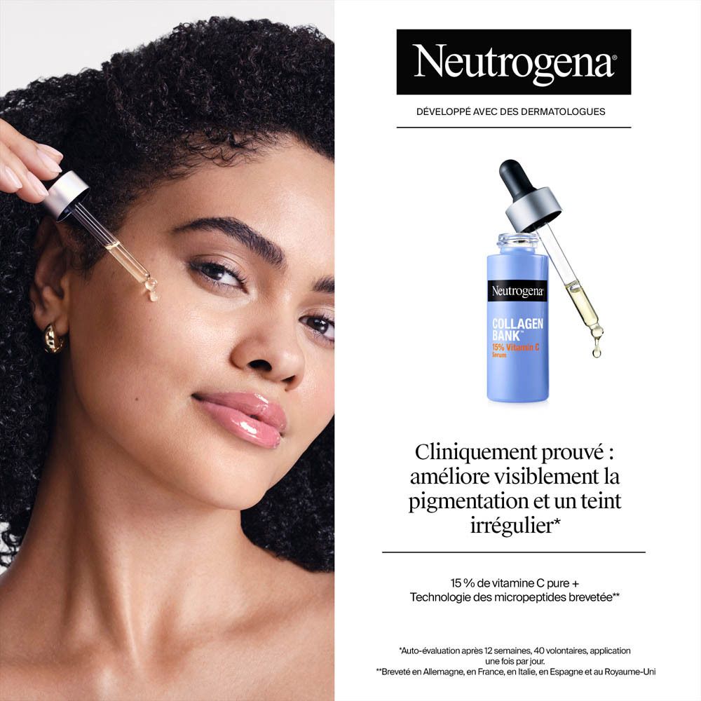 Sérum Collagen Boost Neutrogena avec pipette, appliqué sur le visage d'une femme.