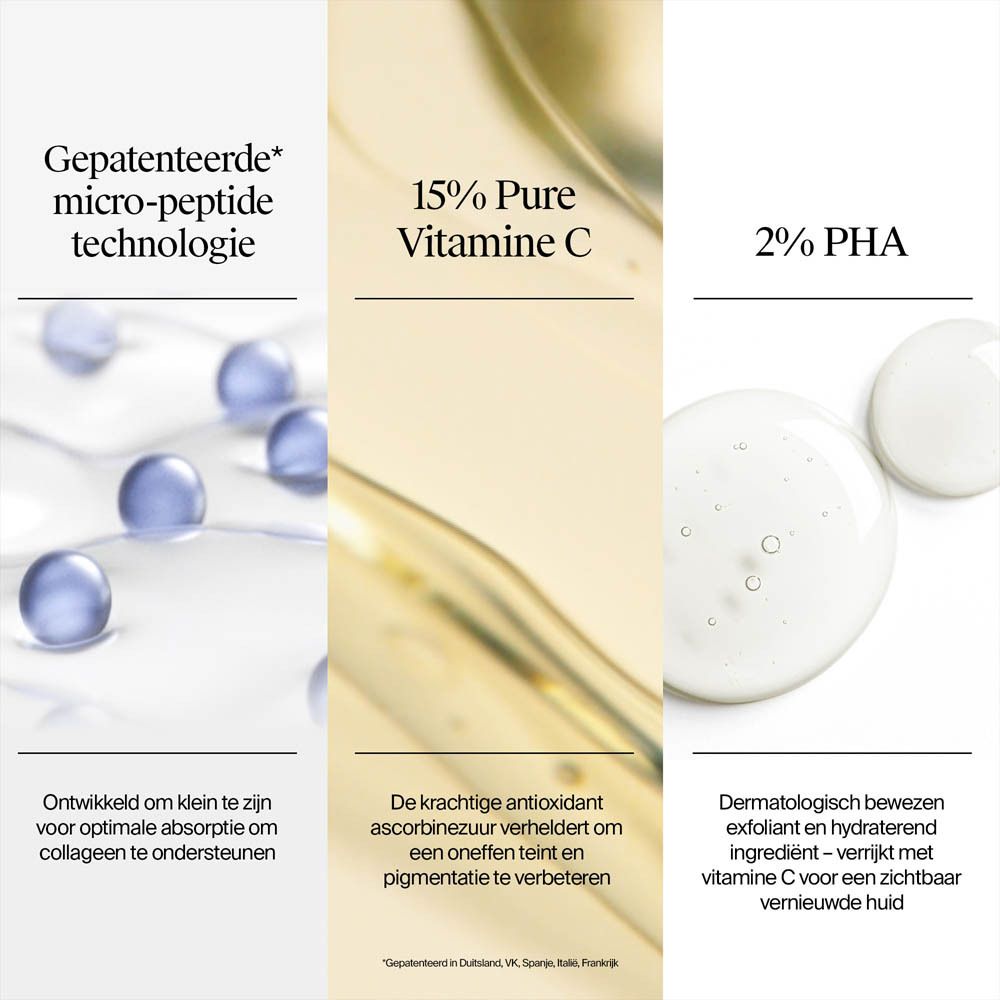 Drie kolommen met ingrediënten: gepatenteerde micro-peptide technologie, 15% Vitamine C, 2% PHA. Beschrijvingen van effecten.