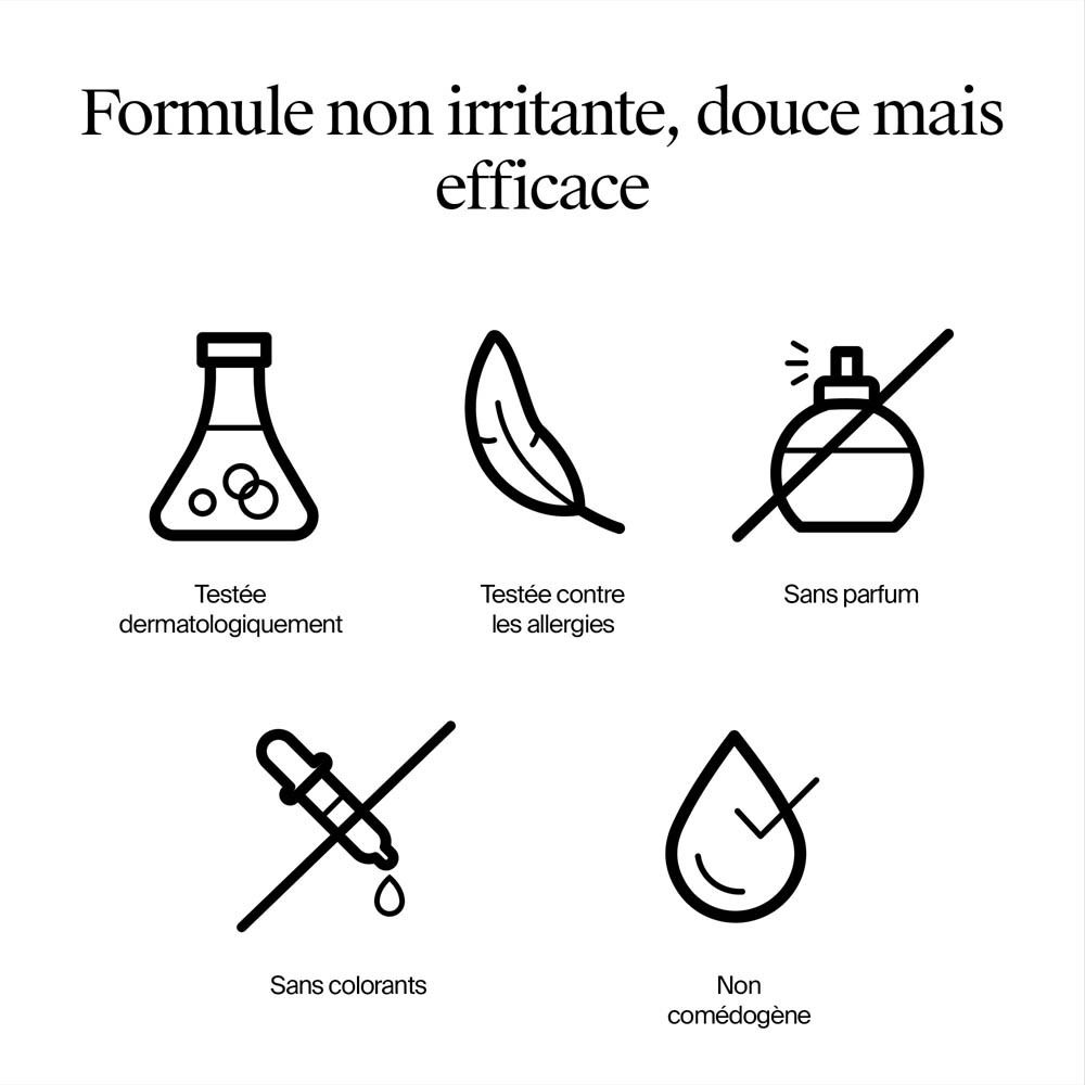 Icônes représentant des tests dermatologiques, des propriétés hypoallergéniques et l'absence de parfum et de colorants.