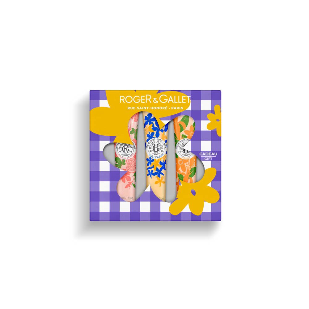 Geschenkverpakking met drie handcrèmes. Zichtbaar: Roger&Gallet logo, bloemrijke tubes, 'Cadeau'.