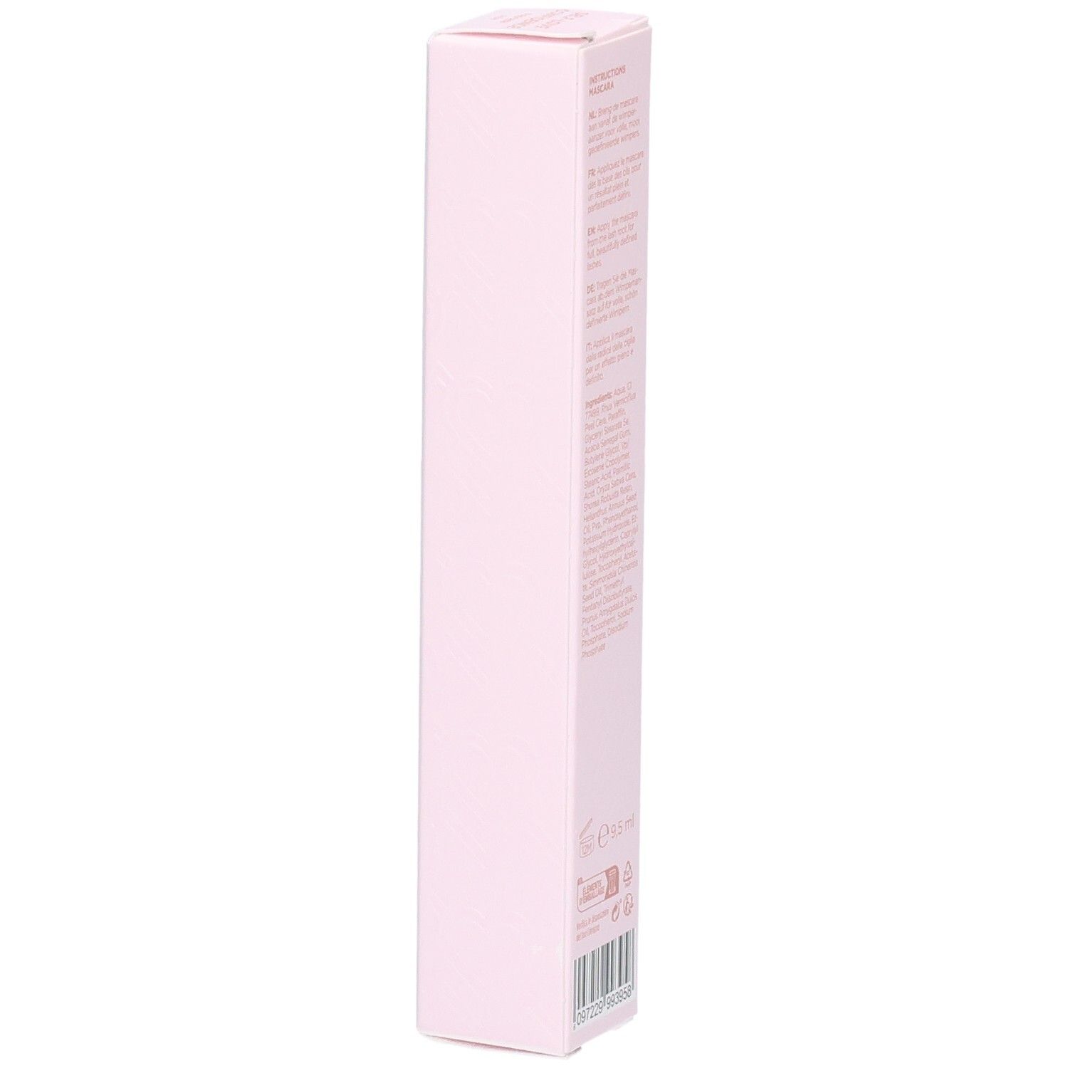 Emballage rose avec texte. Inscription: Instructions, Vegan, 9.5ml.