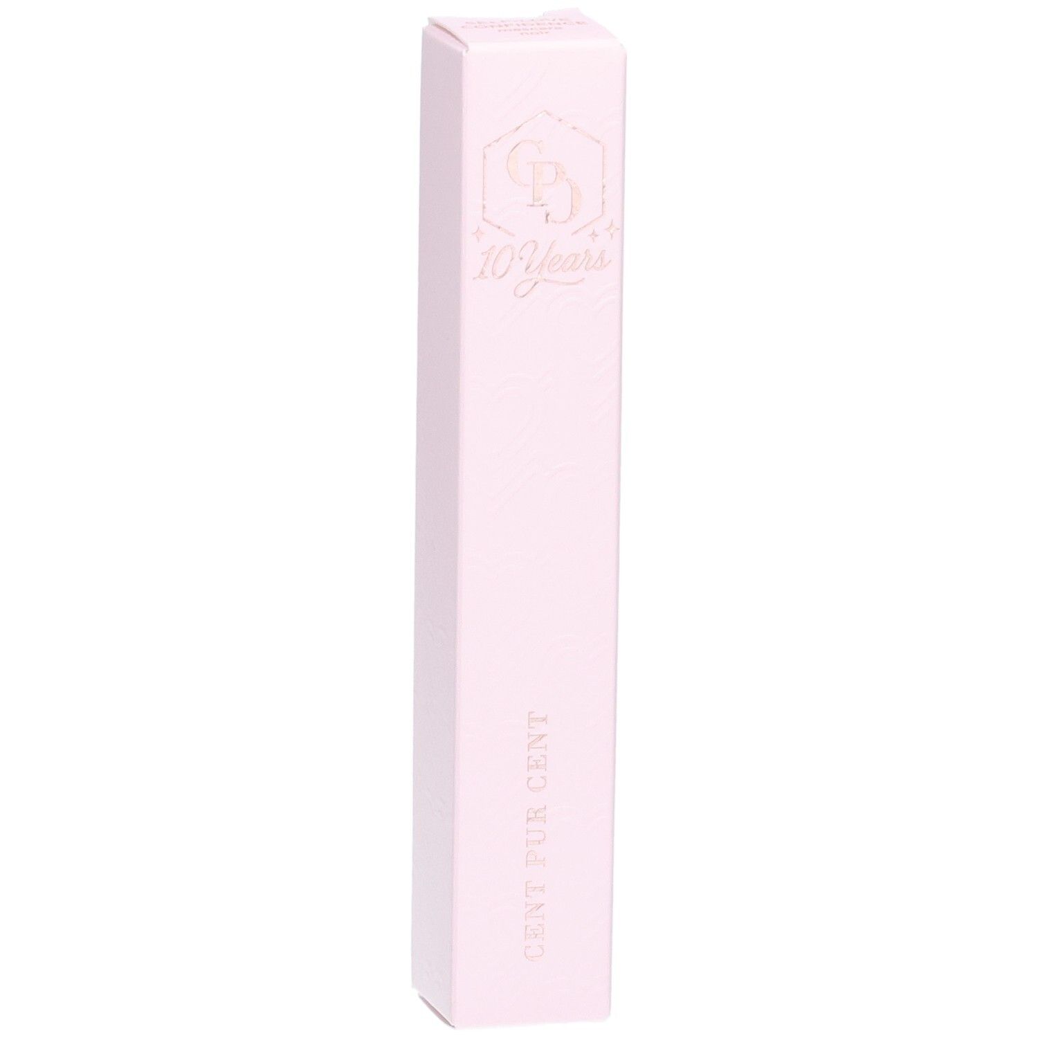Emballage rose avec logo et texte CENT PUR CENT. Inscription: 10 Years.
