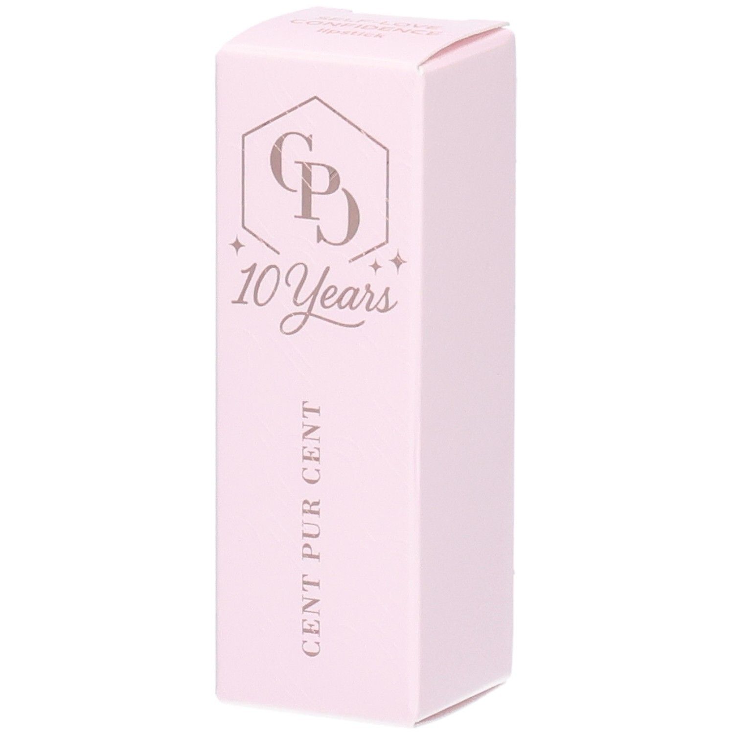 Emballage rose. Logo "CP", "10 Years" et "CENT PUR CENT".