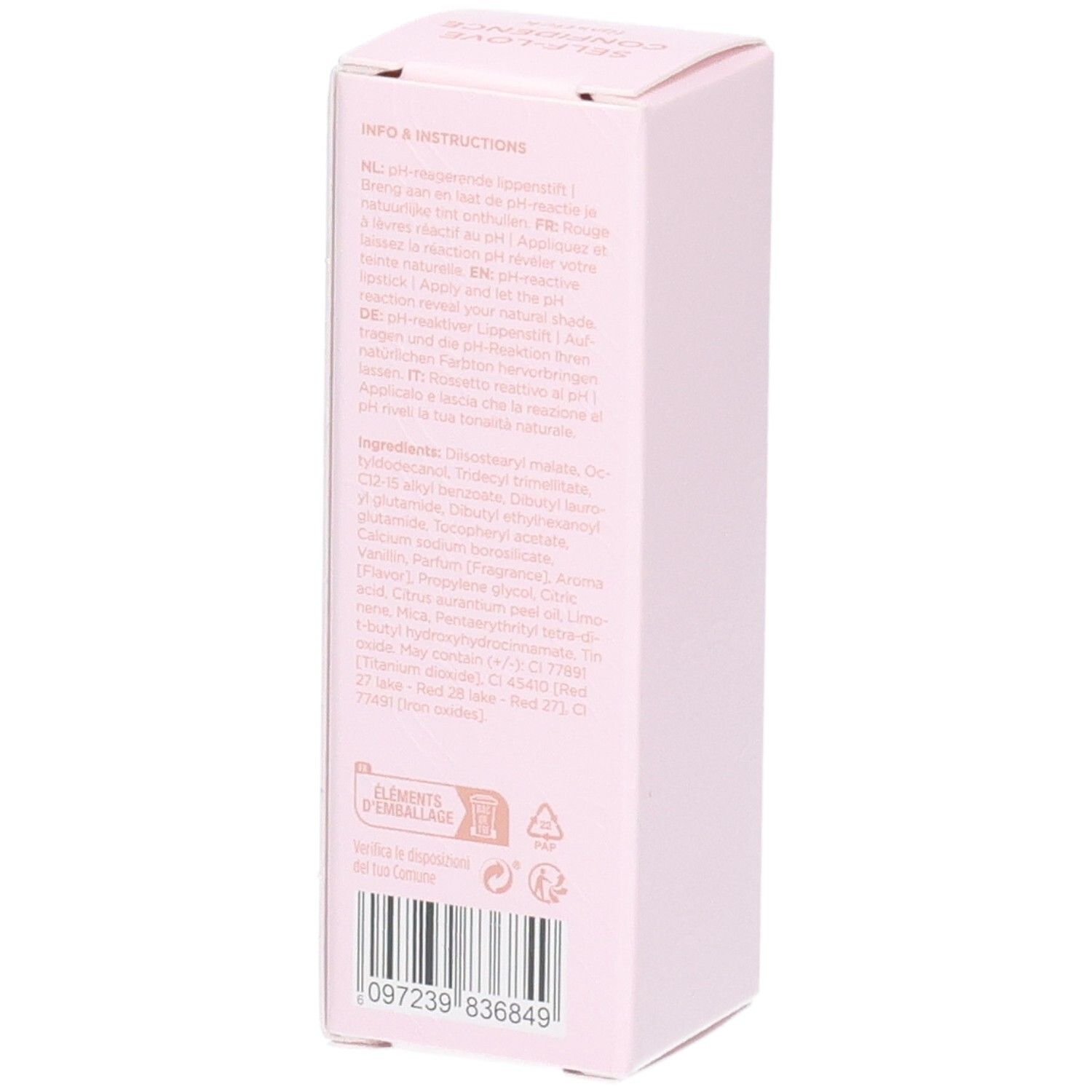 Emballage rose. Texte: "INFO & INSTRUCTIONS", ingrédients, code-barres.