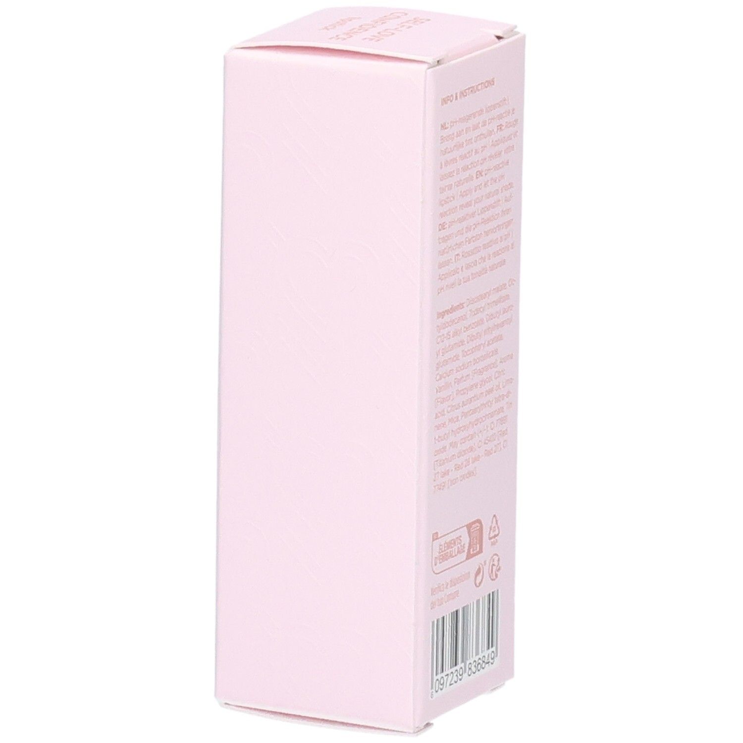 Emballage rose. Texte et code-barres. Logo "CP", "10 Years" et "CENT PUR CENT".