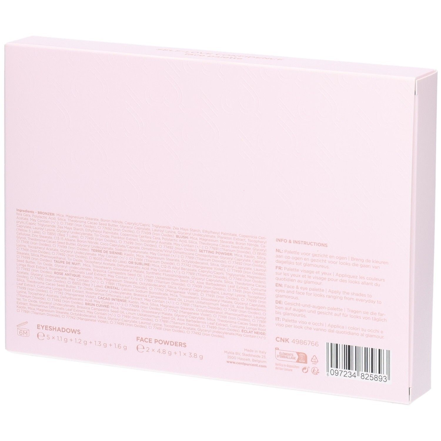 Dos d'une boîte rose avec texte. Contient des informations sur les ingrédients et le fabricant. Code-barres.