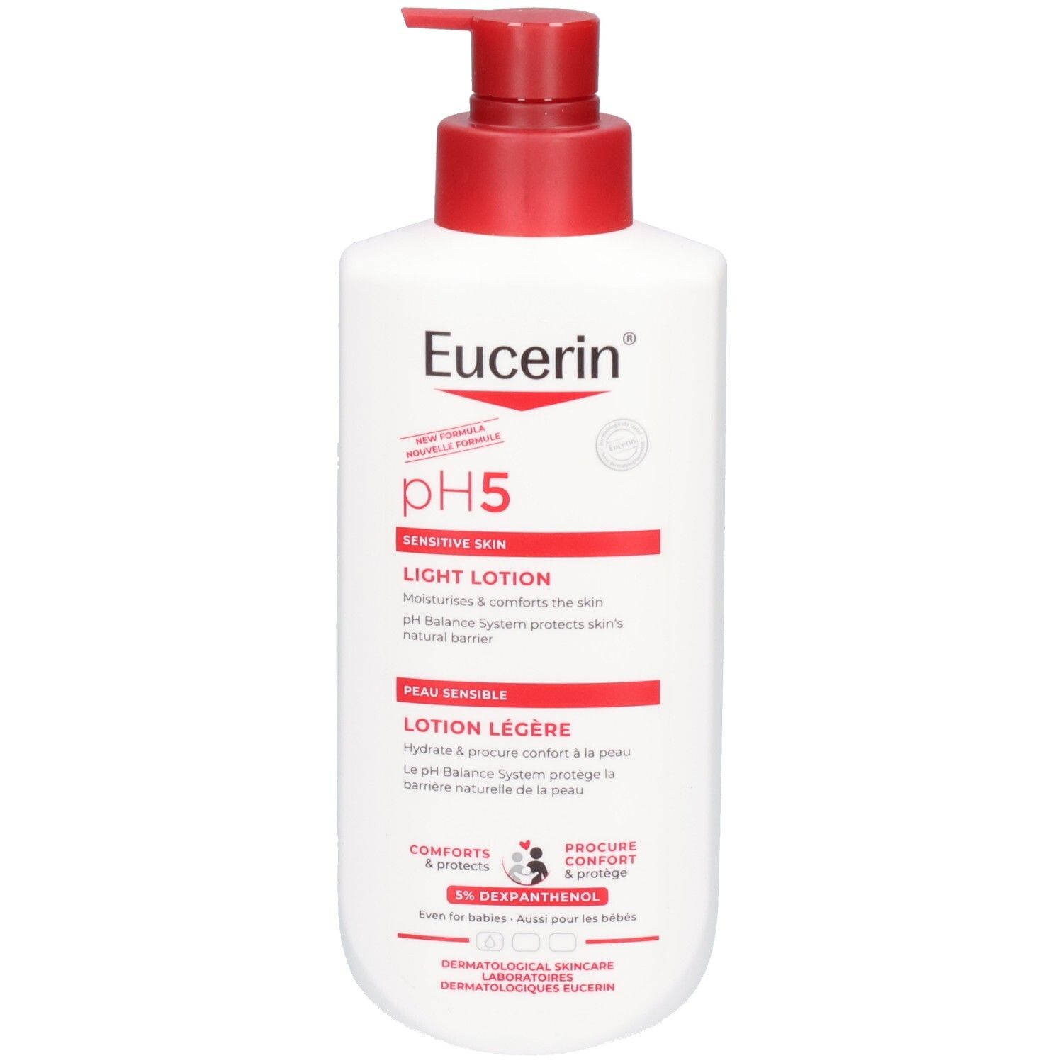 Eucerin pH5 Lotion Légère : Flacon pompe blanc avec bouchon rouge. Pour peaux sensibles.