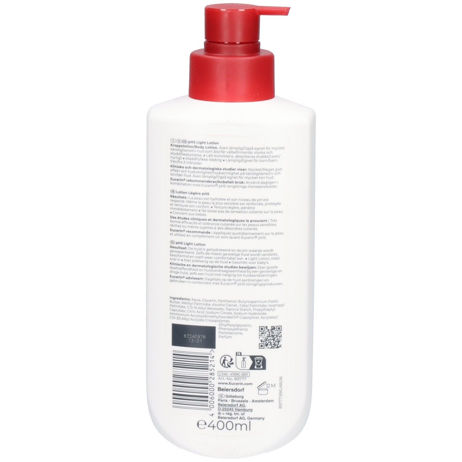 Arrière du flacon pompe Eucerin pH5 Lotion Légère avec ingrédients et indication 400ml.