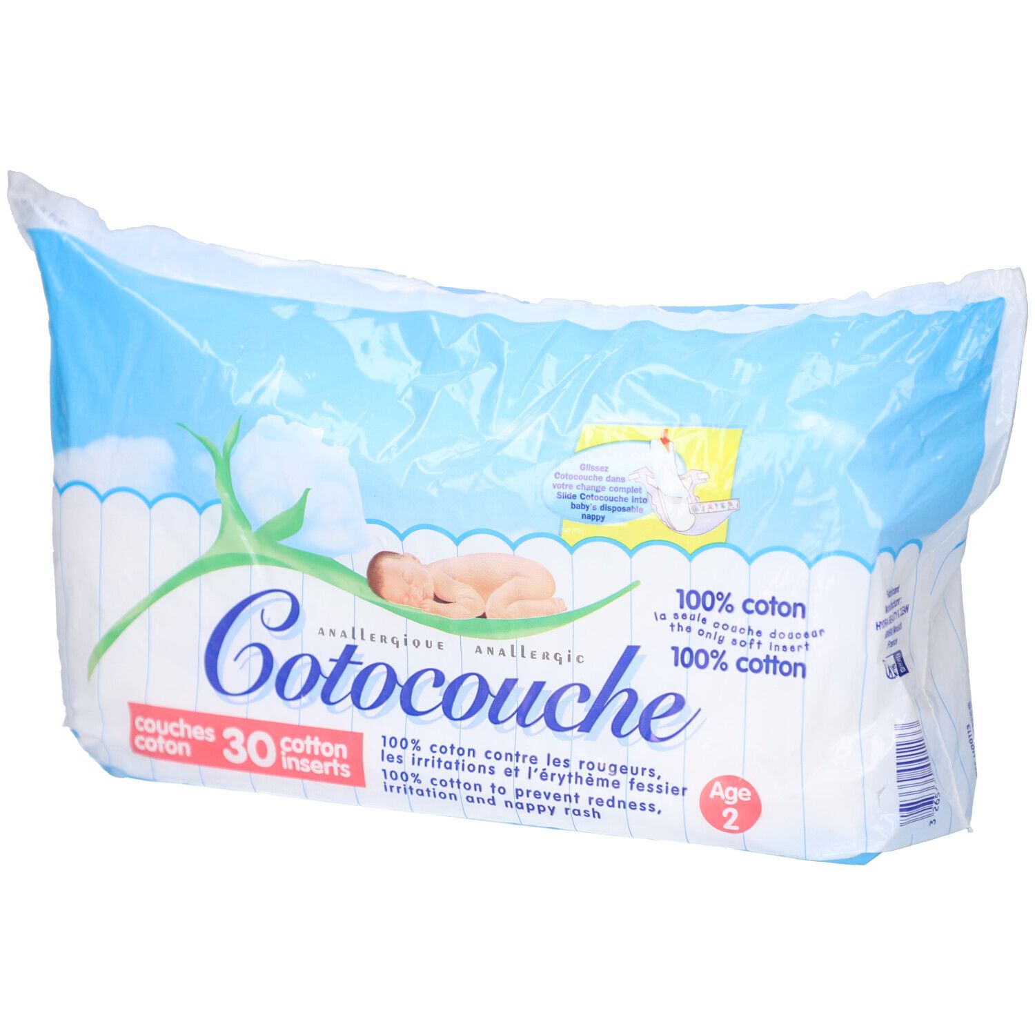 Paquet de Cotocouche Couches Coton Âge 2. 30 inserts, 100% coton. Âge 2. Emballage bleu et blanc avec illustration de bébé.
