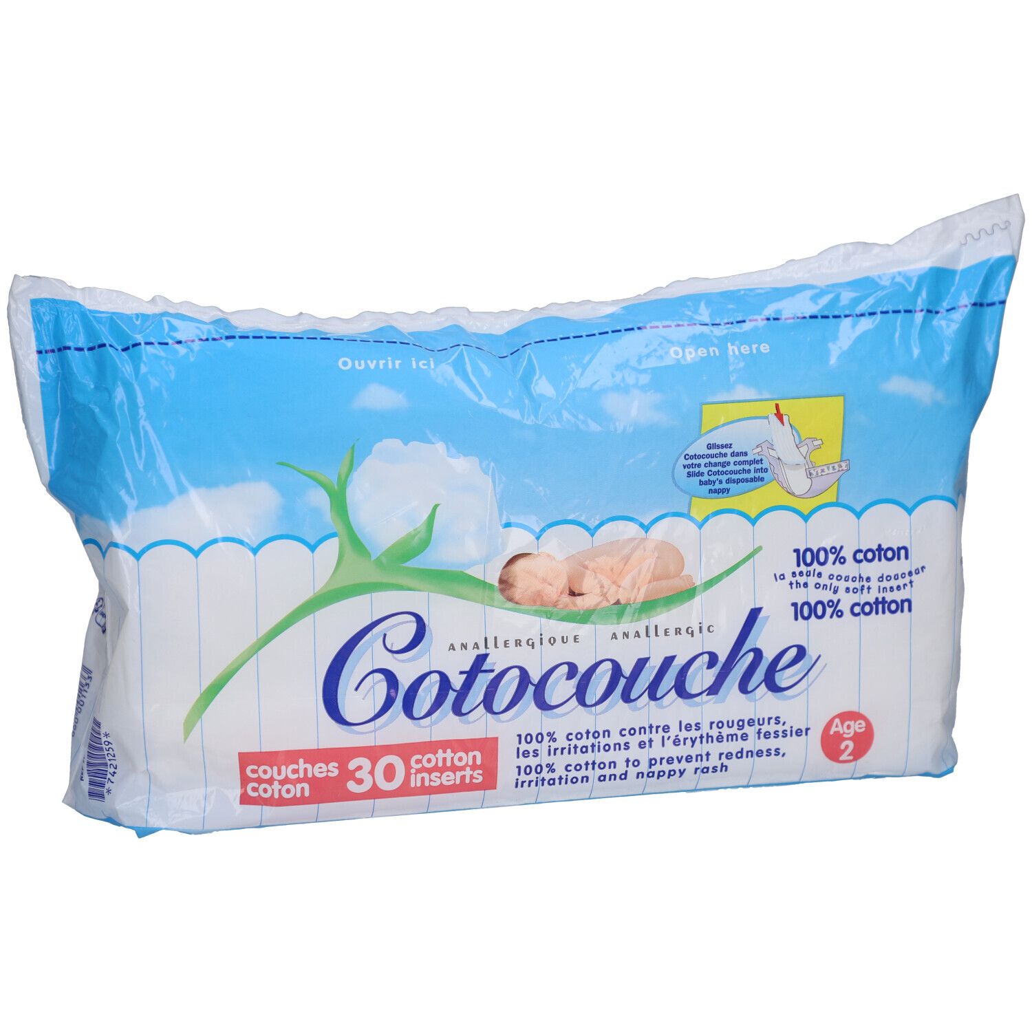 Paquet de Cotocouche Couches Coton Âge 2. 30 inserts, 100% coton. Emballage bleu et blanc, vue oblique de côté.